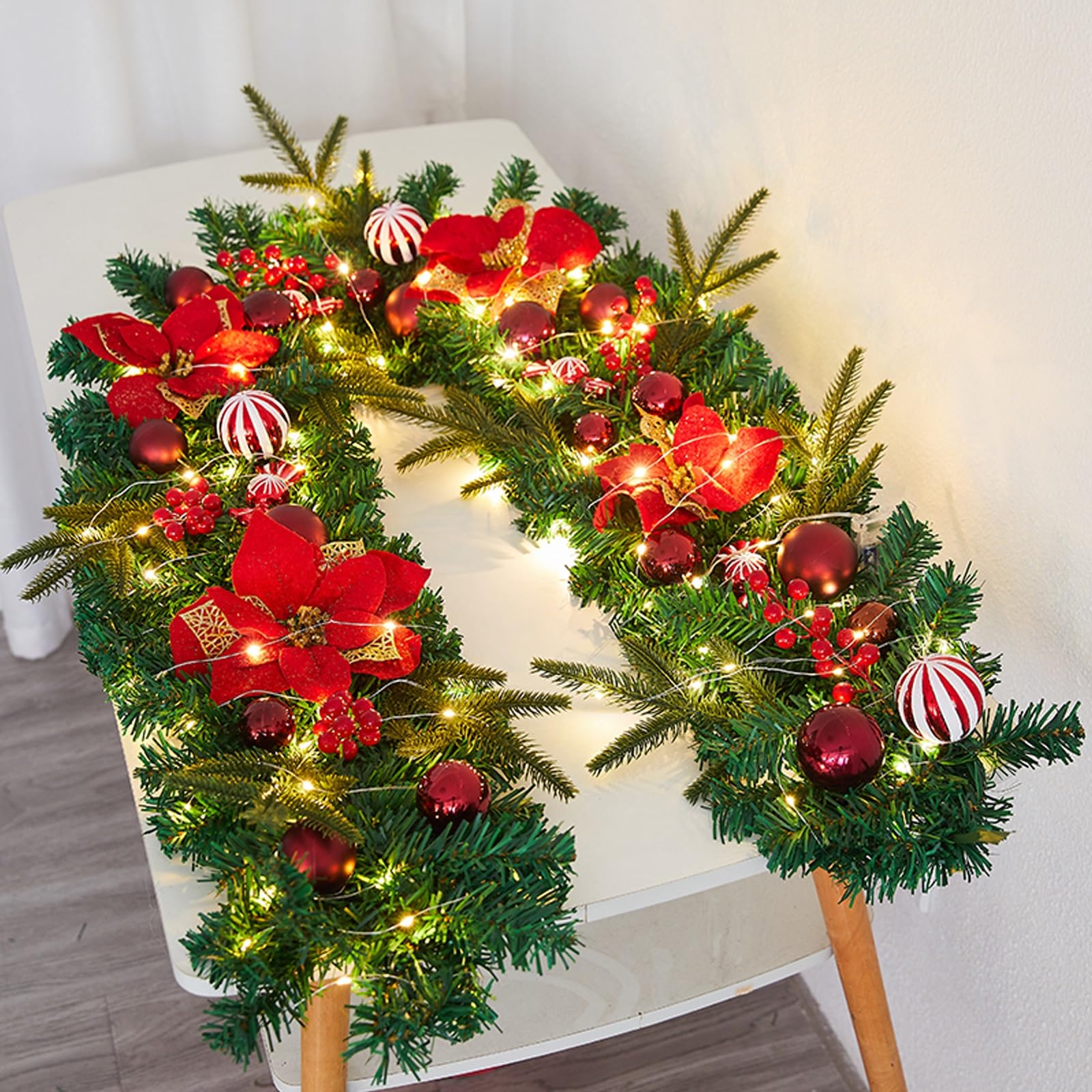 OPFdfhDFH Christmas wreaths, 6 Feet Christmas Garland with Lights, for Stairs Railing, Vine, for Mantle, Decorations for Indoor Outdoor Home(C)