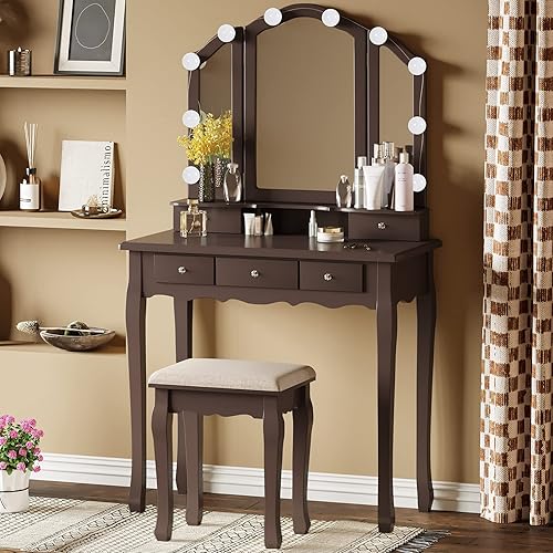 Miniatura 2 de Tiptiper Escritorio de tocador, mesa de tocador con espejo plegable y taburete iluminados, juego de tocador de maquillaje con 10 bombillas LED y 3