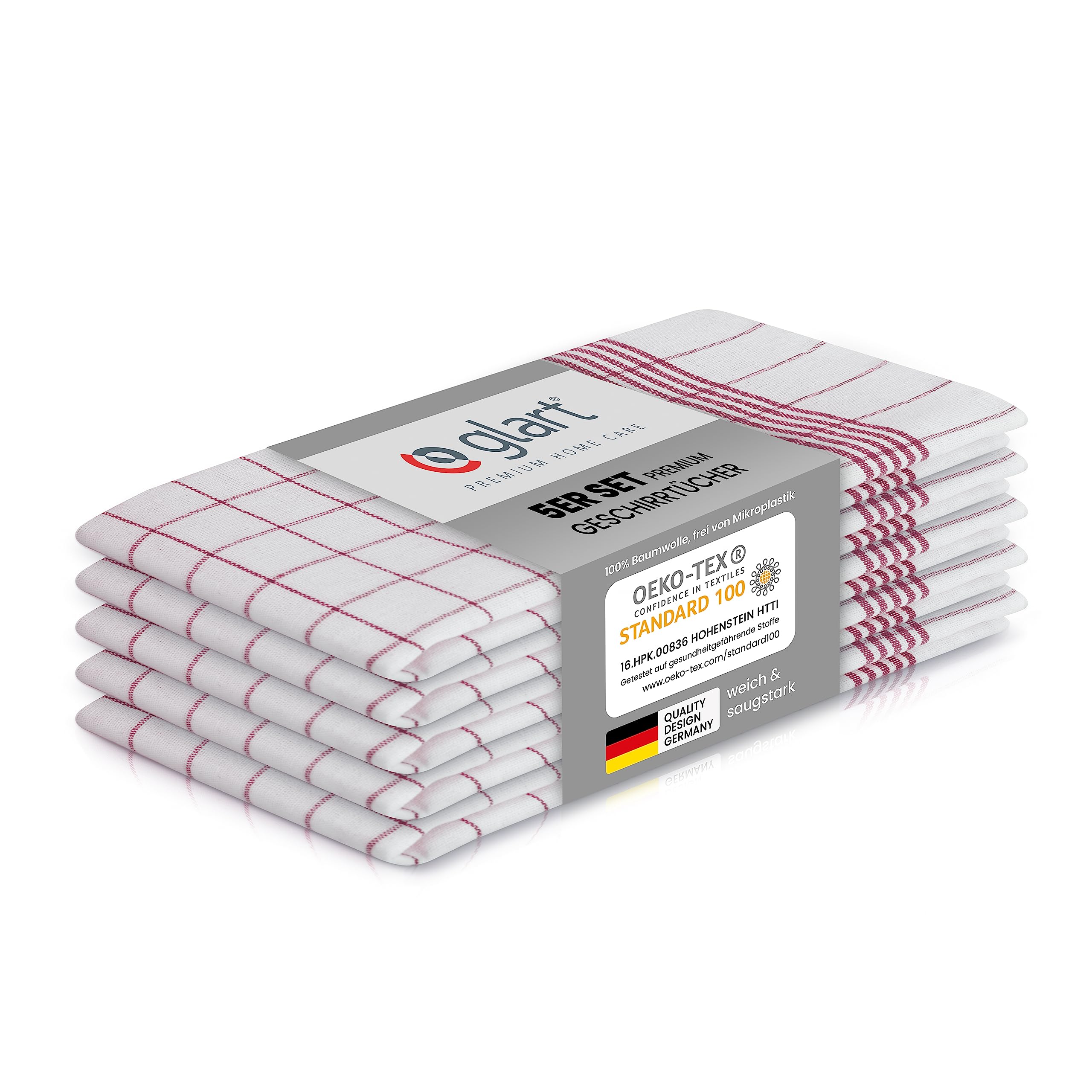 Glart 48KR1 Geschirrtücher 5er Set 50x70 cm rot kariert – 100 % Baumwolle, OEKO-TEX zertifiziert, vorgewaschen, saugstark, waschbar, langlebig, mit Aufhänger, für Haushalt, Küche, Gastronomie, Büro