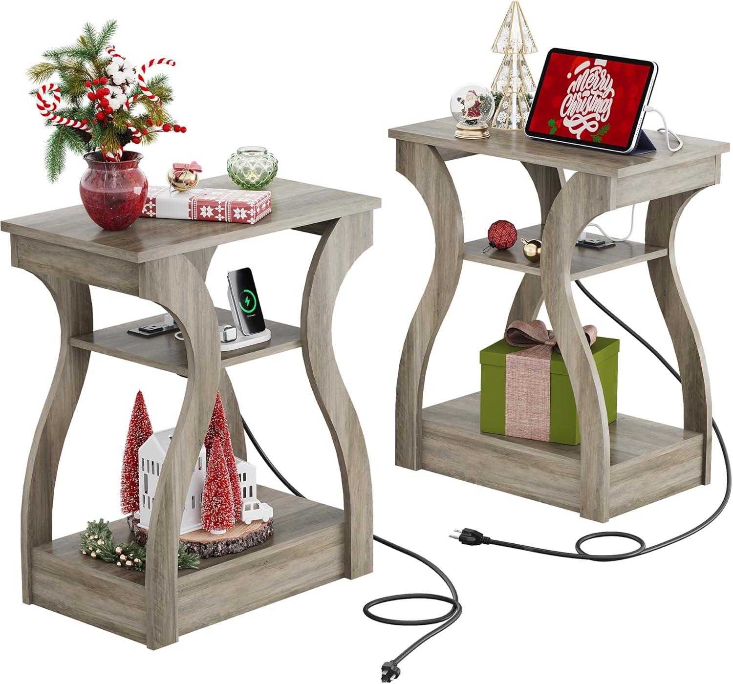WLIVE End Table Set of 2 with Charging Station, Side Tables with USB Ports and Outlets, Nightstand for Bedroom, 3 Tier End Table with Storage Shelf, Side Table Set of 2 for Living Room, Greige