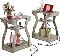 WLIVE End Table Set of 2 with Charging Station, Side Tables with USB Ports and Outlets, Nightstand for Bedroom, 3 Tier End Table with Storage Shelf, Side Table Set of 2 for Living Room, Greige
