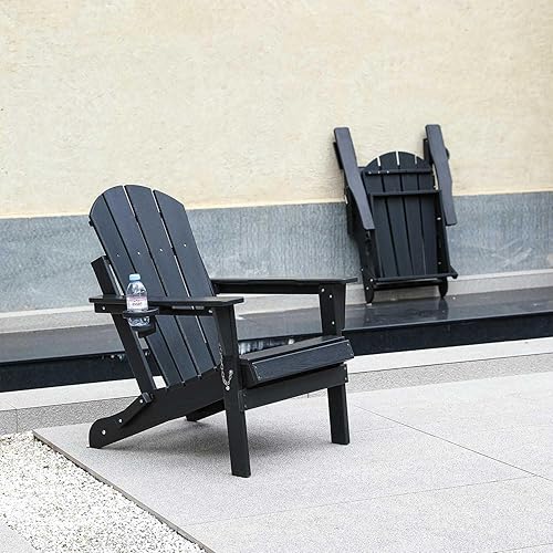 Miniatura 4 de Silla Adirondack plegable con soporte para tazas, silla de exterior de HDPE resistente a la intemperie, silla de césped de grano de madera para