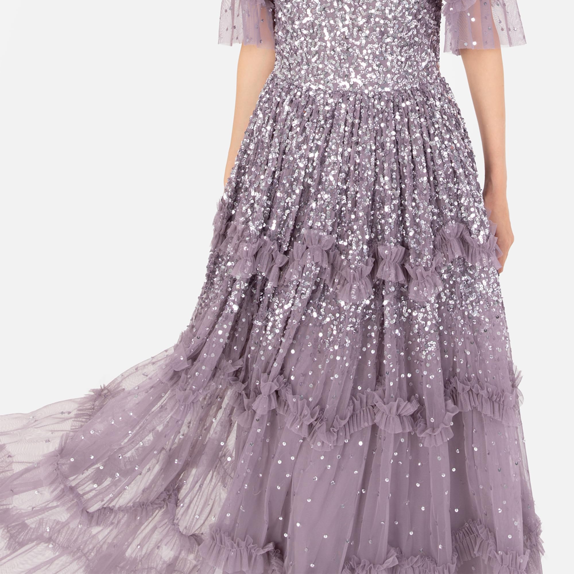 Maya Deluxe Women's Maxi Dress Ladies V-Neck Sequin Embellished Ruffle Detail for Wedding Guest Bridesmaid Prom Occasion Ball Gown