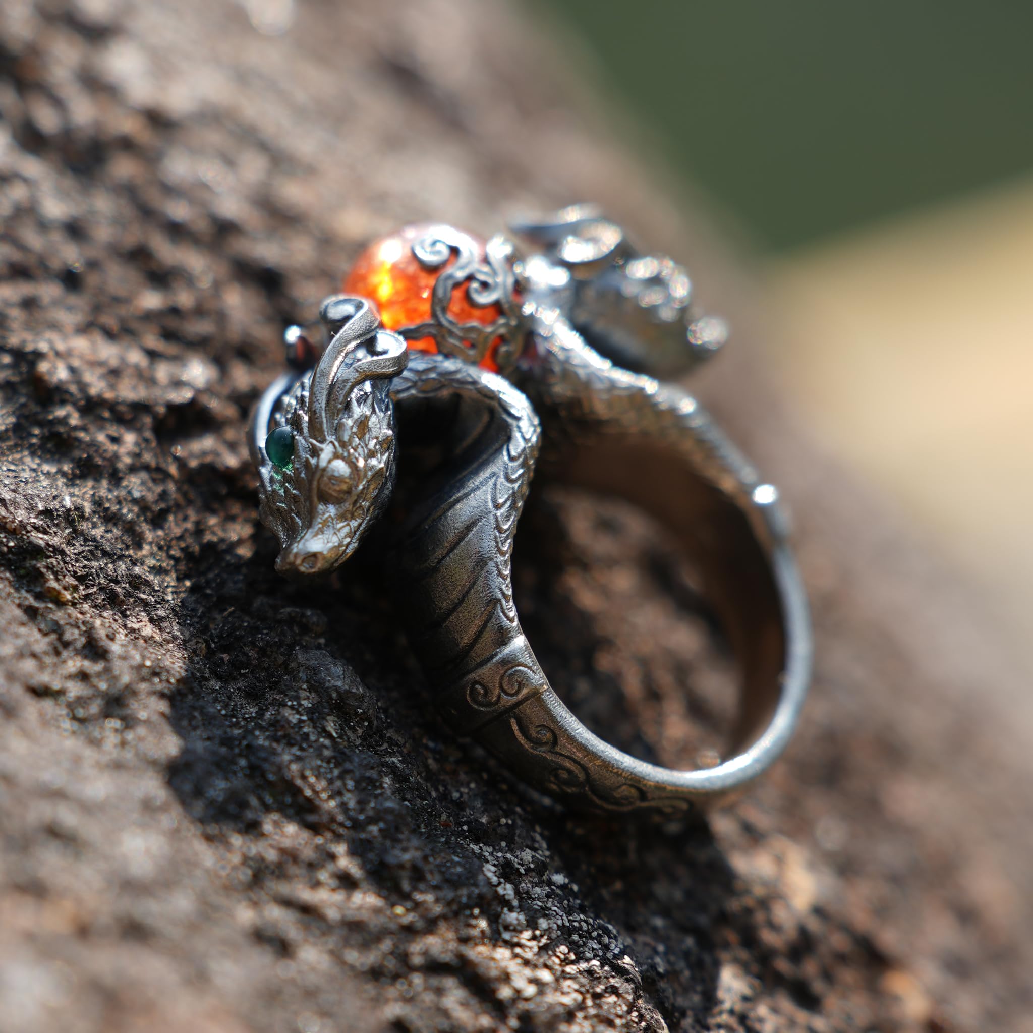Generisch Handgefertigter 925er Silber Drachen-Ring mit leuchtendem Sonnenstein & Aquamarin-Akzenten │ Mystisches Fantasy-Amulett, verstellbar Größe 6