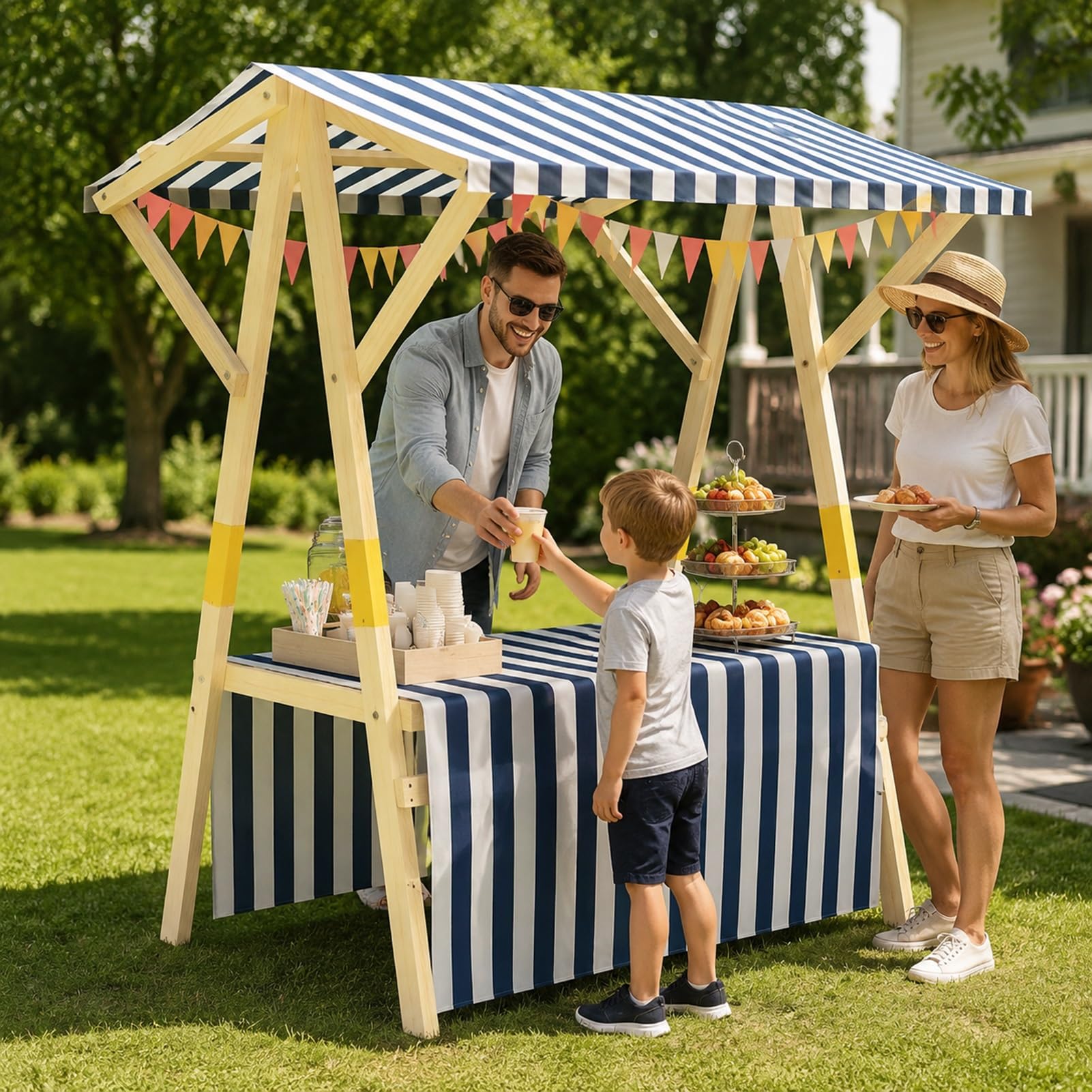 Carrello portatile in legno con baldacchino a righe, carrello pieghevole per distributori di alimenti per mercati di strada, espositore per chioschi all'aperto, 120 cm, blu