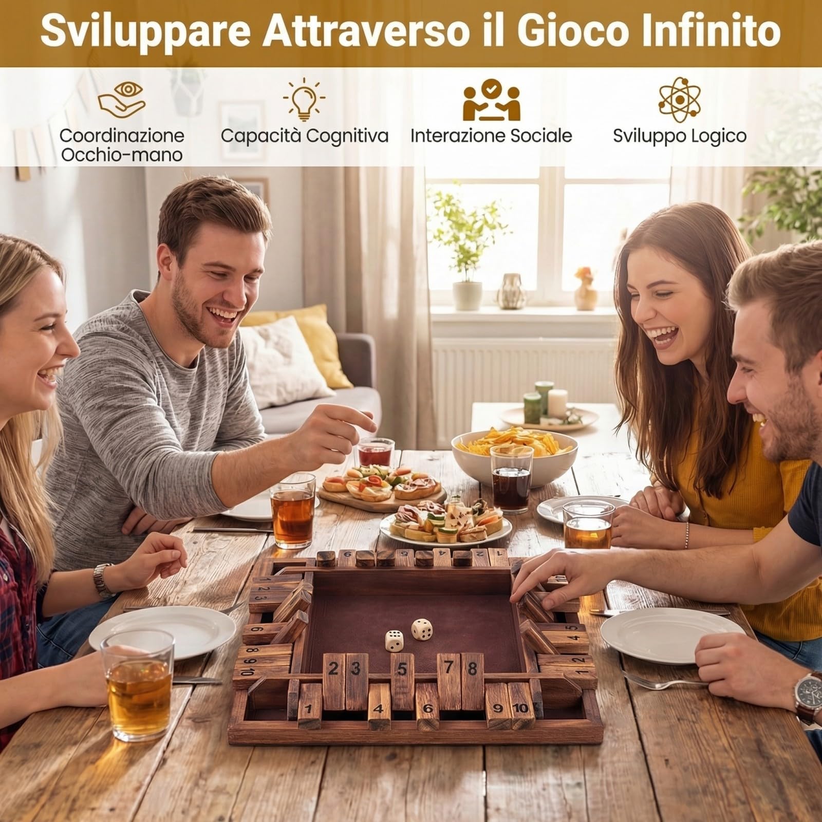 COSTWAY Gioco Chiudi la Scatola per 2-4 Giocatori, Gioco da Tavolo in Legno a 4 Lati con 2 Dadi, Giocattolo Matematico Educativo per Bambini e Adulti per Famiglia e Festa 30 x 30 x 3,8 cm (Marrone)