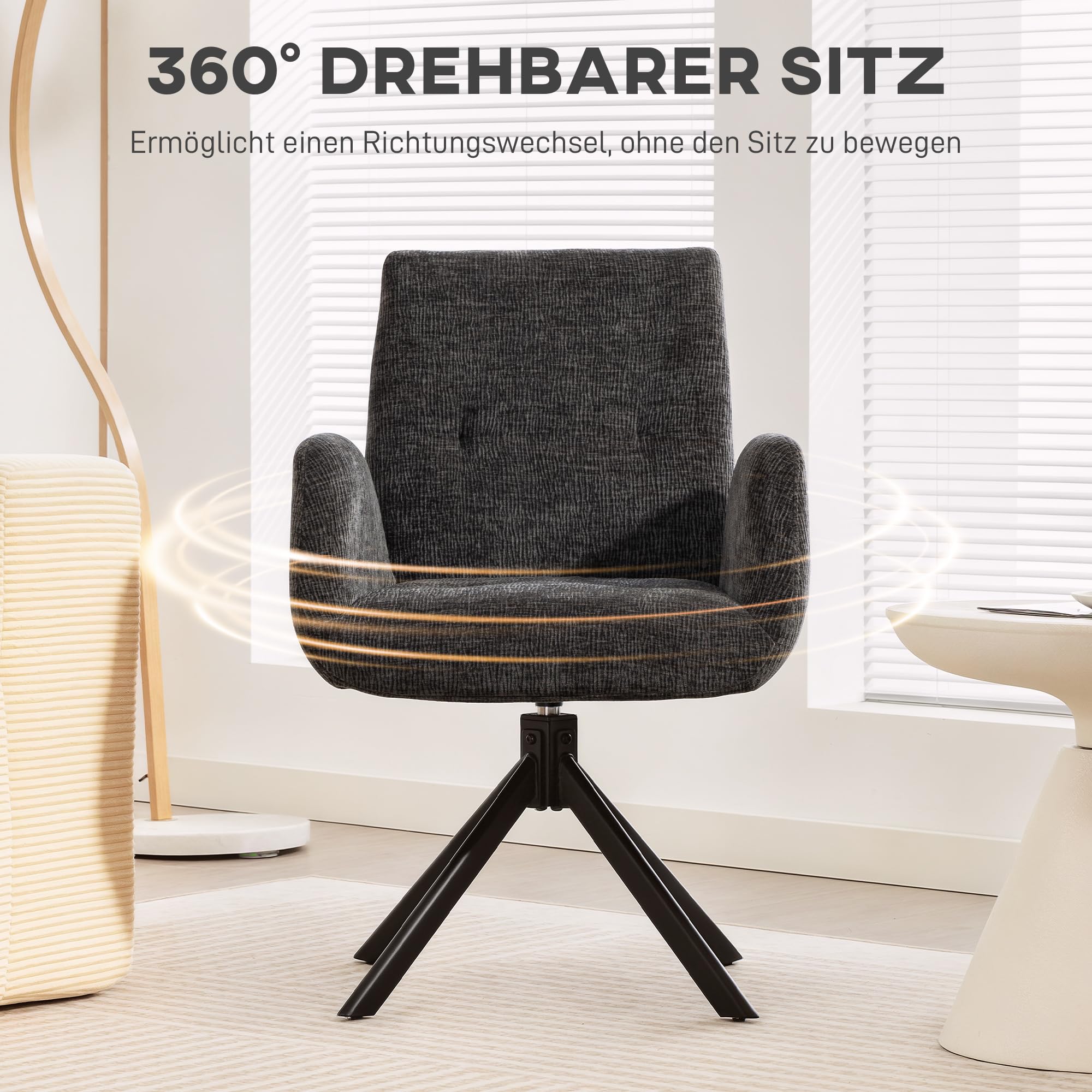HOMCOM Sessel Drehbar Loungesessel mit Armlehne, Wolle-Leinenoptik, modern Polsterstuhl mit Knopfheftung, Stahlbeine, für Wohnzimmer, Schlafzimmer, Schwarz