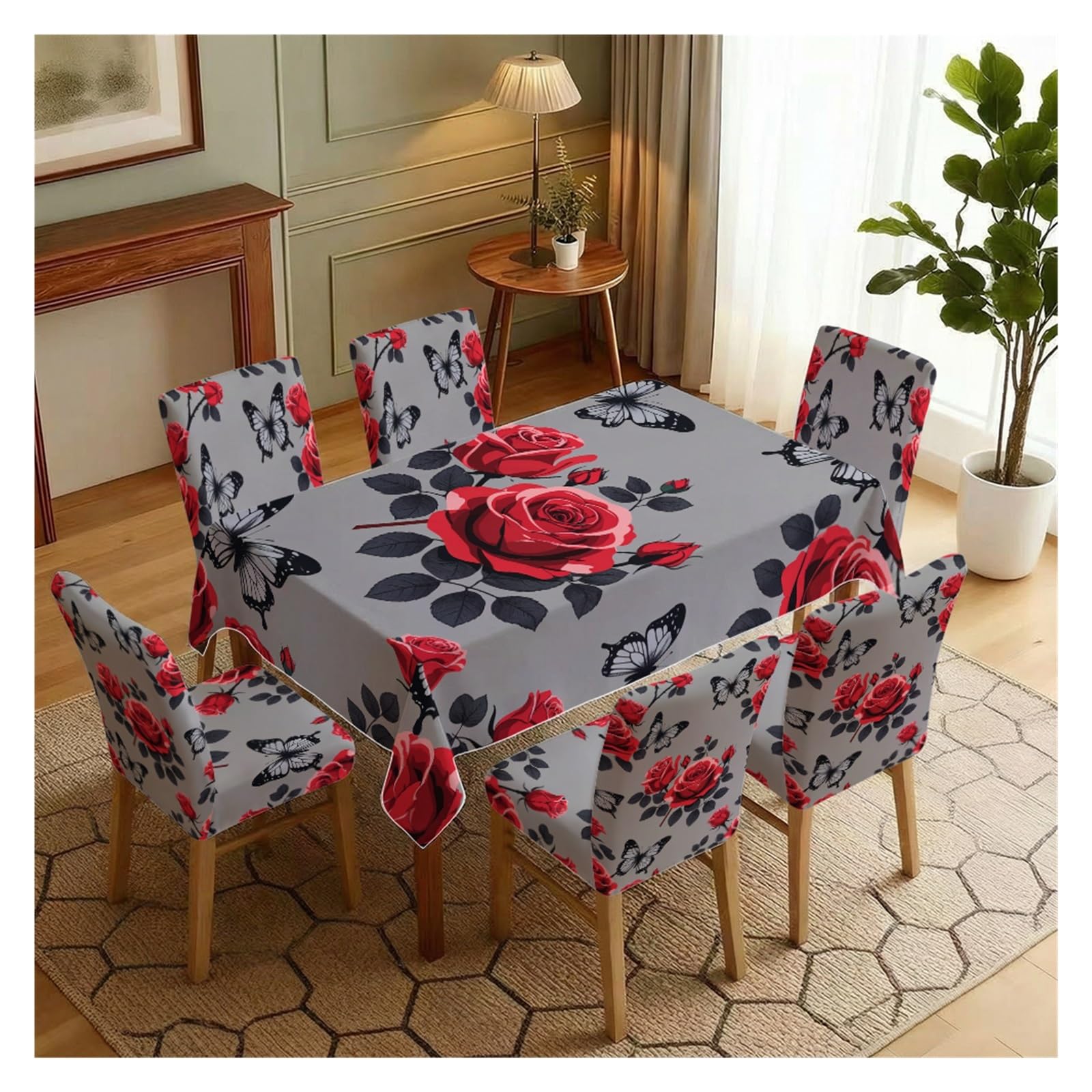 KXUAUV Red Rose & Butterfly Print Tablecloth & Chair Covers Set, Slipcovers For Dining Room, Kitchen, Gothic & Romantic Decor, 5/7 Pack Party Decor(7pcs Set: Tablecloth+Chair Covers)