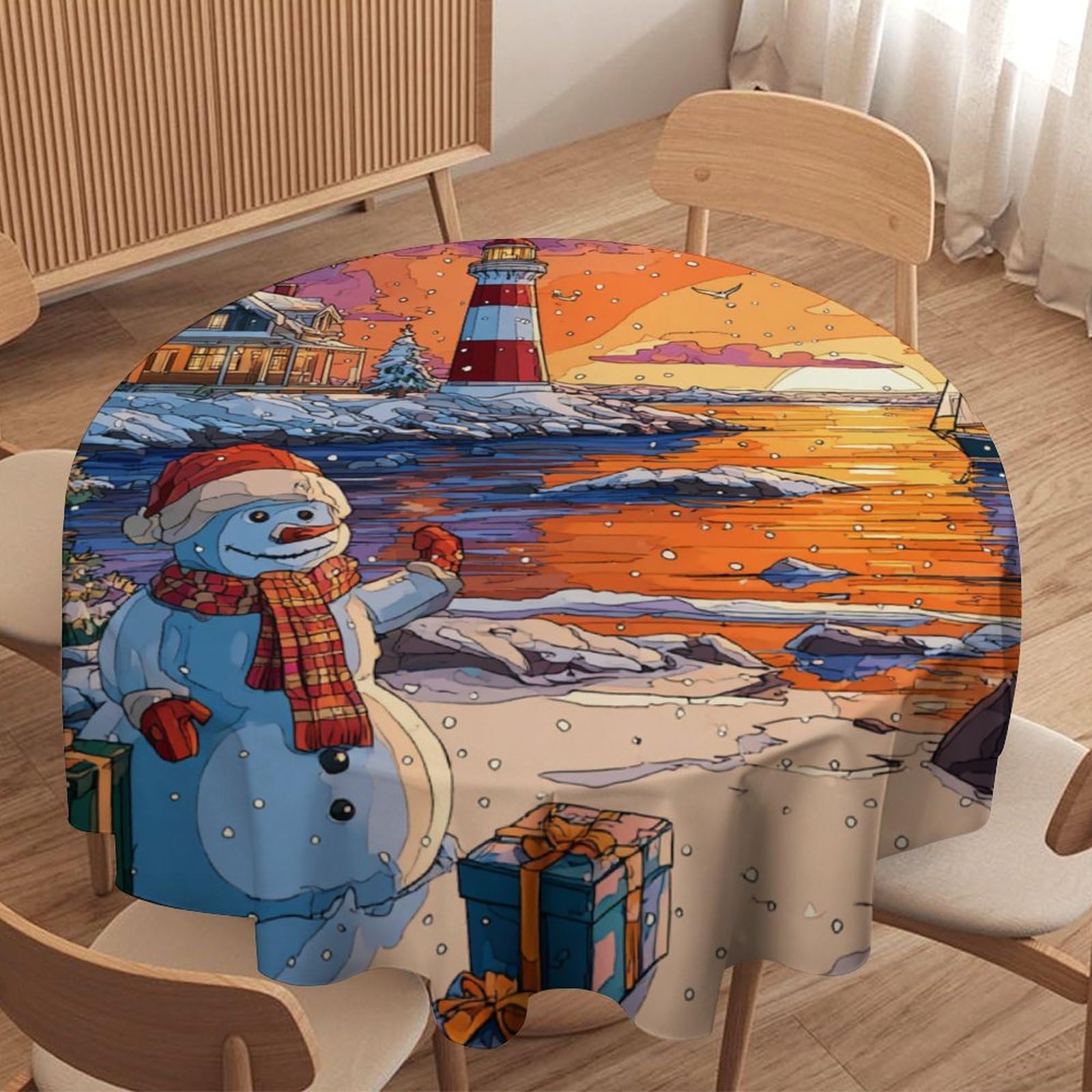 LUYYSKY Funny Cute Christmas Snowman Waterproof Round Tablecloth Beautiful Retro Nautical Sunset Seaside Lighthouse Xmas Tree Washable Table Cover for Kitchen-152.4" Wx152.4 L cm