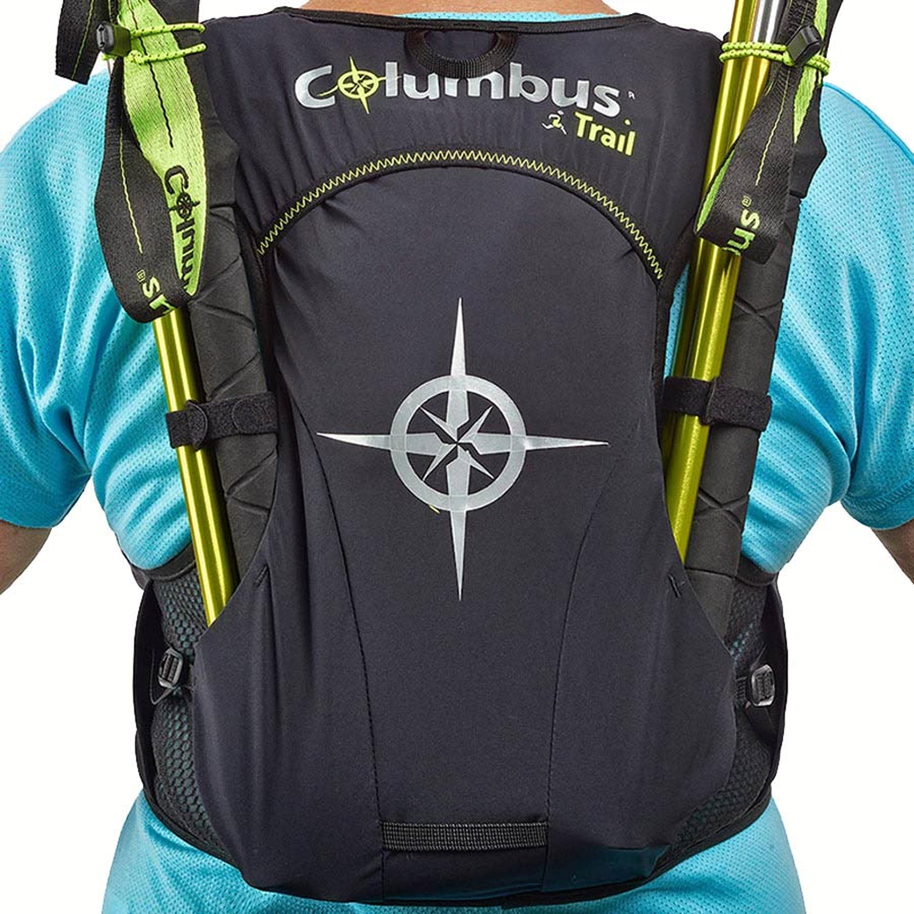 COLUMBUS Trail Vest 5L - Trinkweste in Schwarz für Trinkreservoirs oder andere Ausrüstung. Reflektierenden Elementen, Mehreren Fächern. Größen M/L.