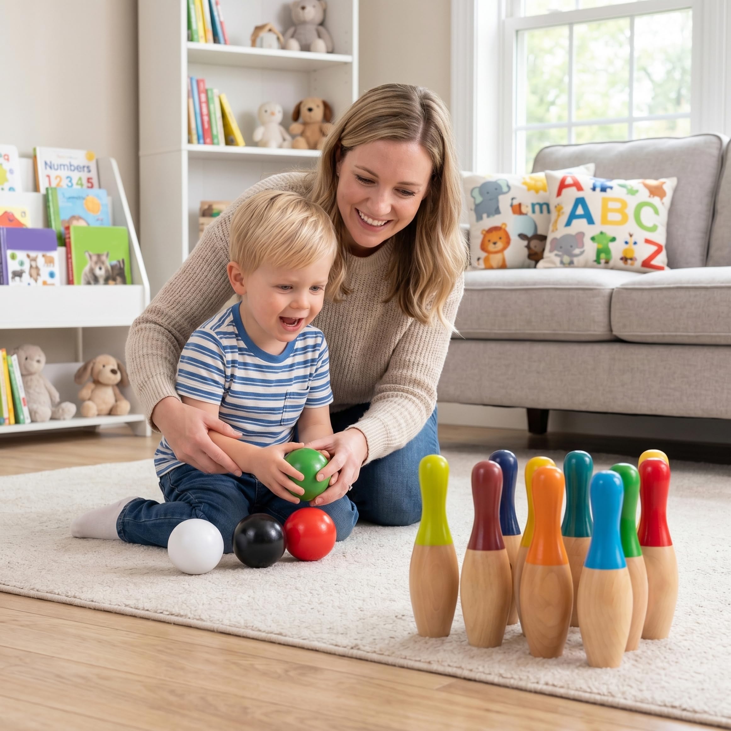 Juego de Bolos para niños, Juego de Bolos para niños, Interactivo de Madera para pequeños de 2 a 5 años, arcoíris, 3, 7 Libras.