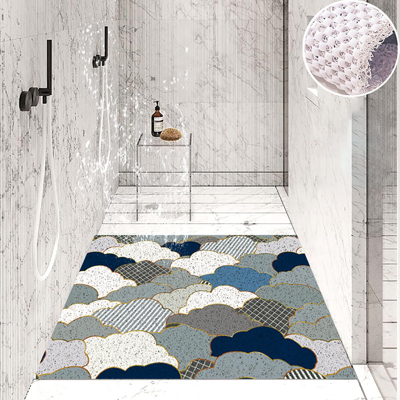 Tappetino da doccia antiscivolo, 40 x 60 cm, morbido e confortevole, tappetino da bagno antiscivolo elegante e lucido in PVC con ganci, alta permeabilità all'acqua