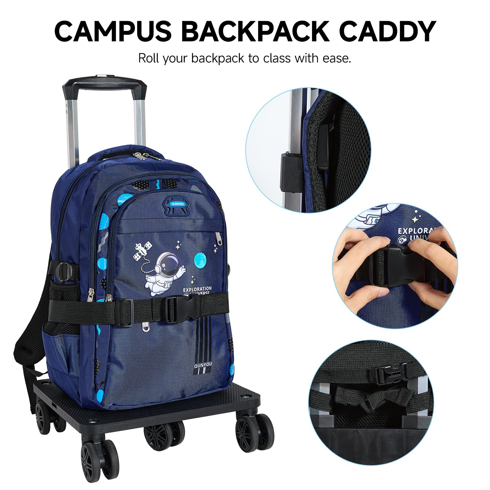 Amythe Chariot pour Sac à Dos, Trolley Scolaire Universel Pliable avec 5 Roues et 2 Sangles de Fixation pour Cartable et Bagages de Voyage, Hauteur Réglable, Noir