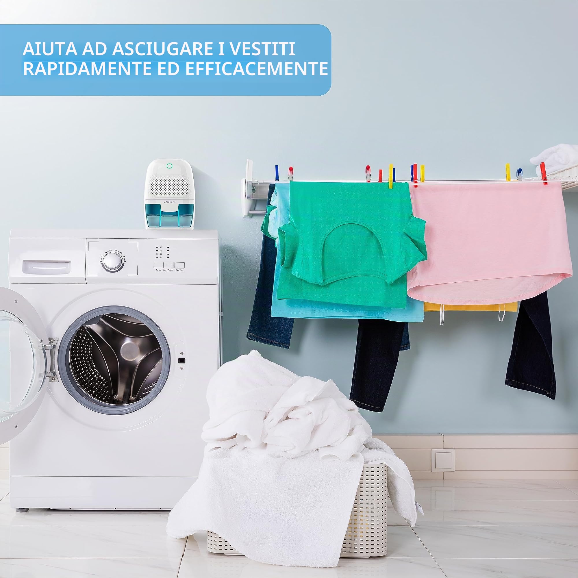 MONHOUSE Mini deumidificatore portatile, compatto e silenzioso, 600 ml, assorbe l'umidità per casa, camera da letto, auto, ufficio, garage, roulotte e cantina, rimuove la muffa elettrico, bianco/blu