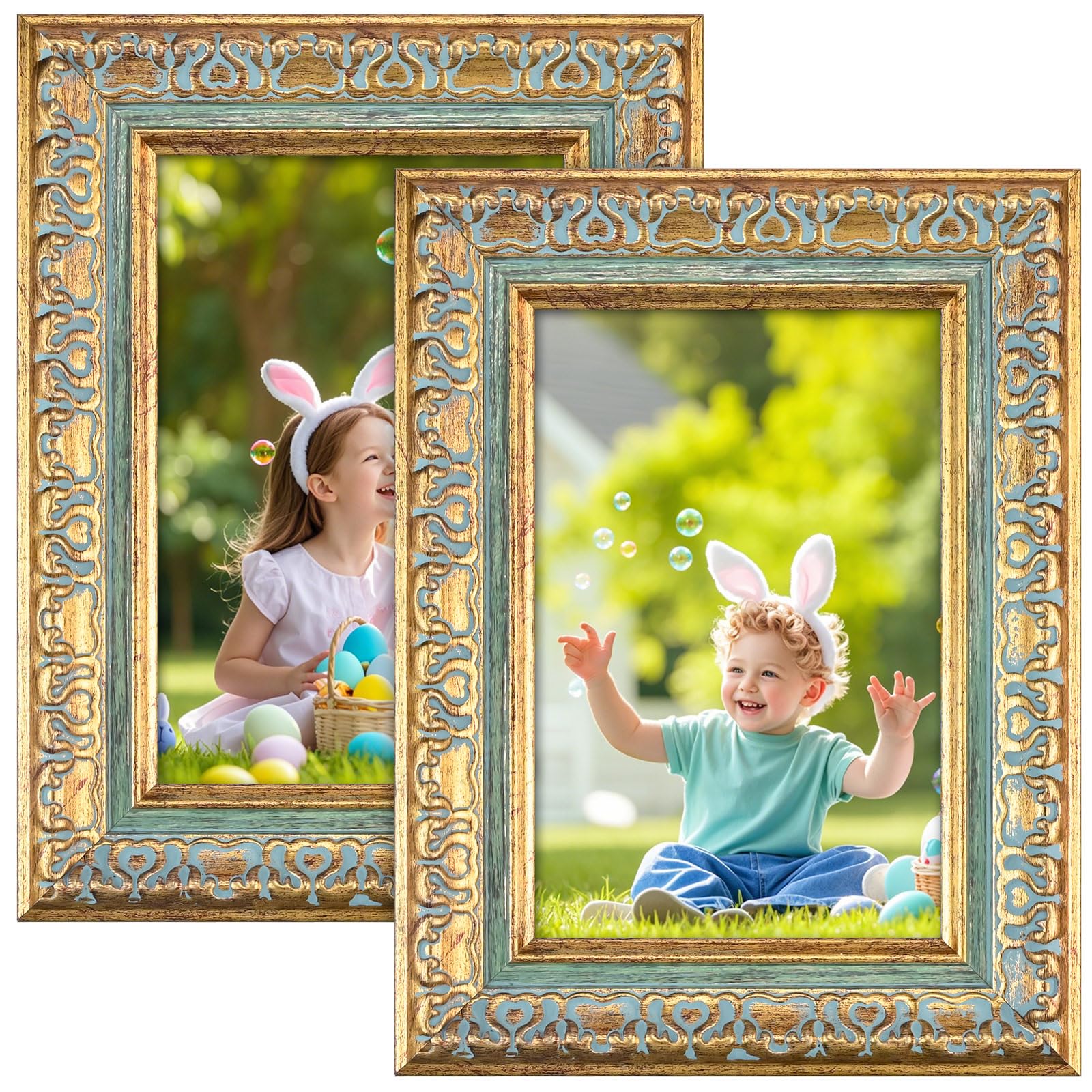 6x4 Picture Frames - 2PCS 4x6 Vintage Picture Frames Stand Free-standing Horizontally & Vertically Embossed Texture Photo Frames for Home Office Living Room Décor (Green)