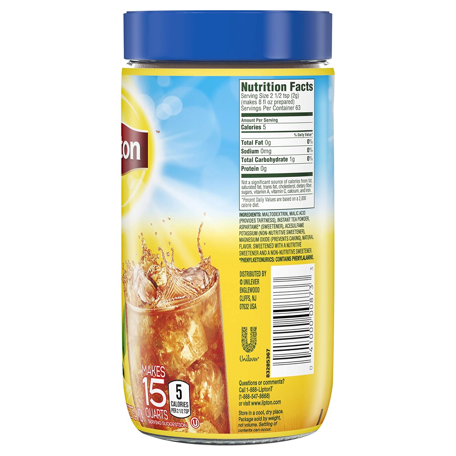 Lipton Black Iced Tea Mix Diet Lemon 15 qt, 4.4 oz.