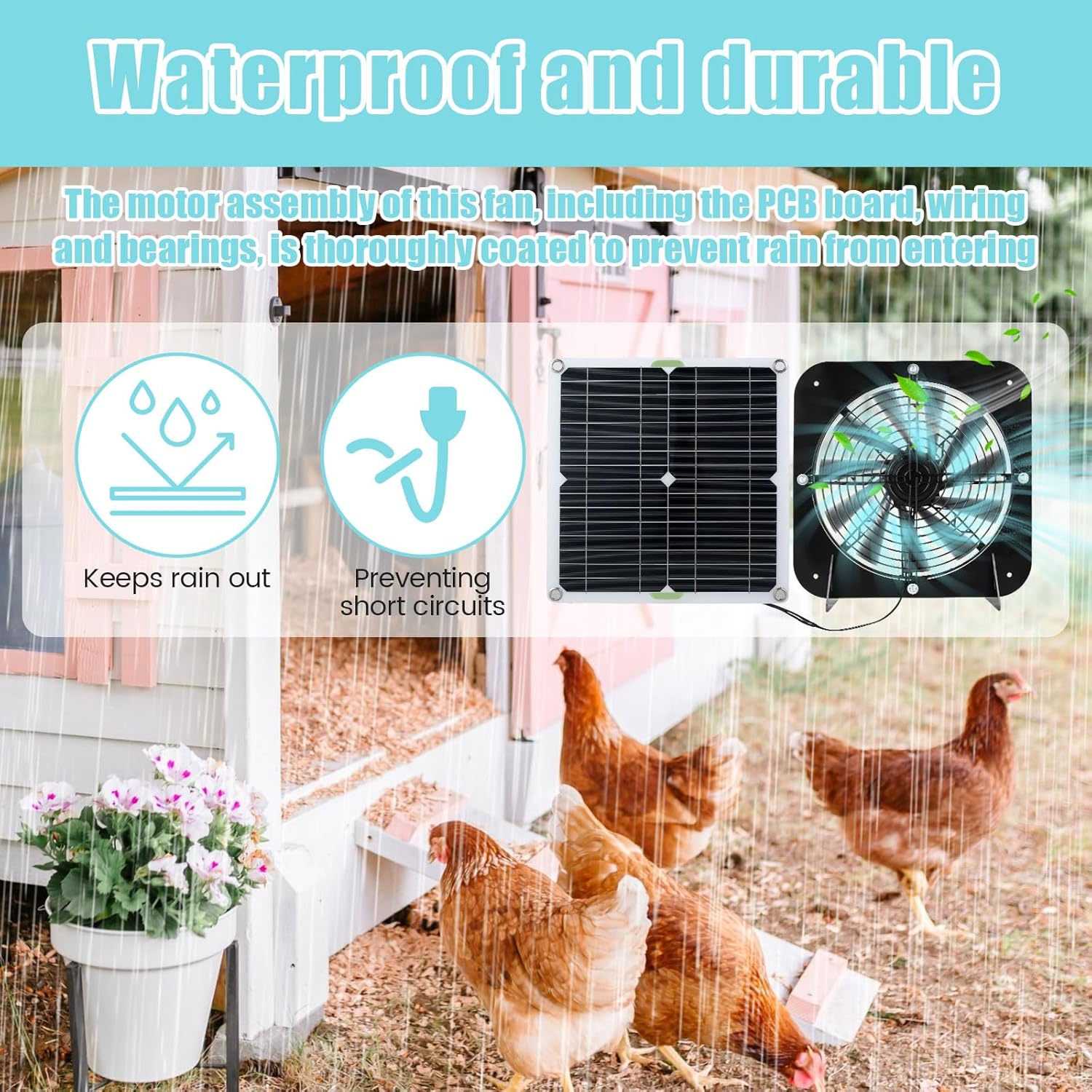 Solar Panel Fan Kit 13.5inch 100W Waterproof Solar Powered Exhaust Fan 3000rpm Auto Adjustable High Efficiency Cooling Chicken Solar Fan Solar Camping Fan for Dog Kennel(Black)