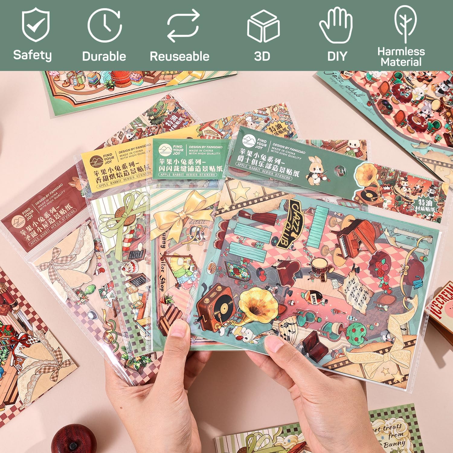 Girls 3D Sticker Scene, 4 Sets Apple Bunny Scene Stickers for Baking, Jazz Club, Christmas House, Tailor Shop, Cute 3D House Stickers for Adult Kids Relief Stress Pass The Time