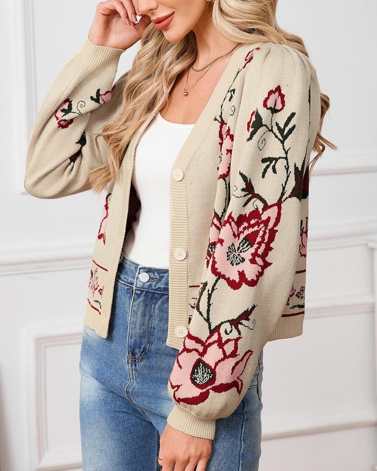 Women's Floral Cardigan Long Puff Sleeve V-Neck Button Down Flower Cropped Sweater