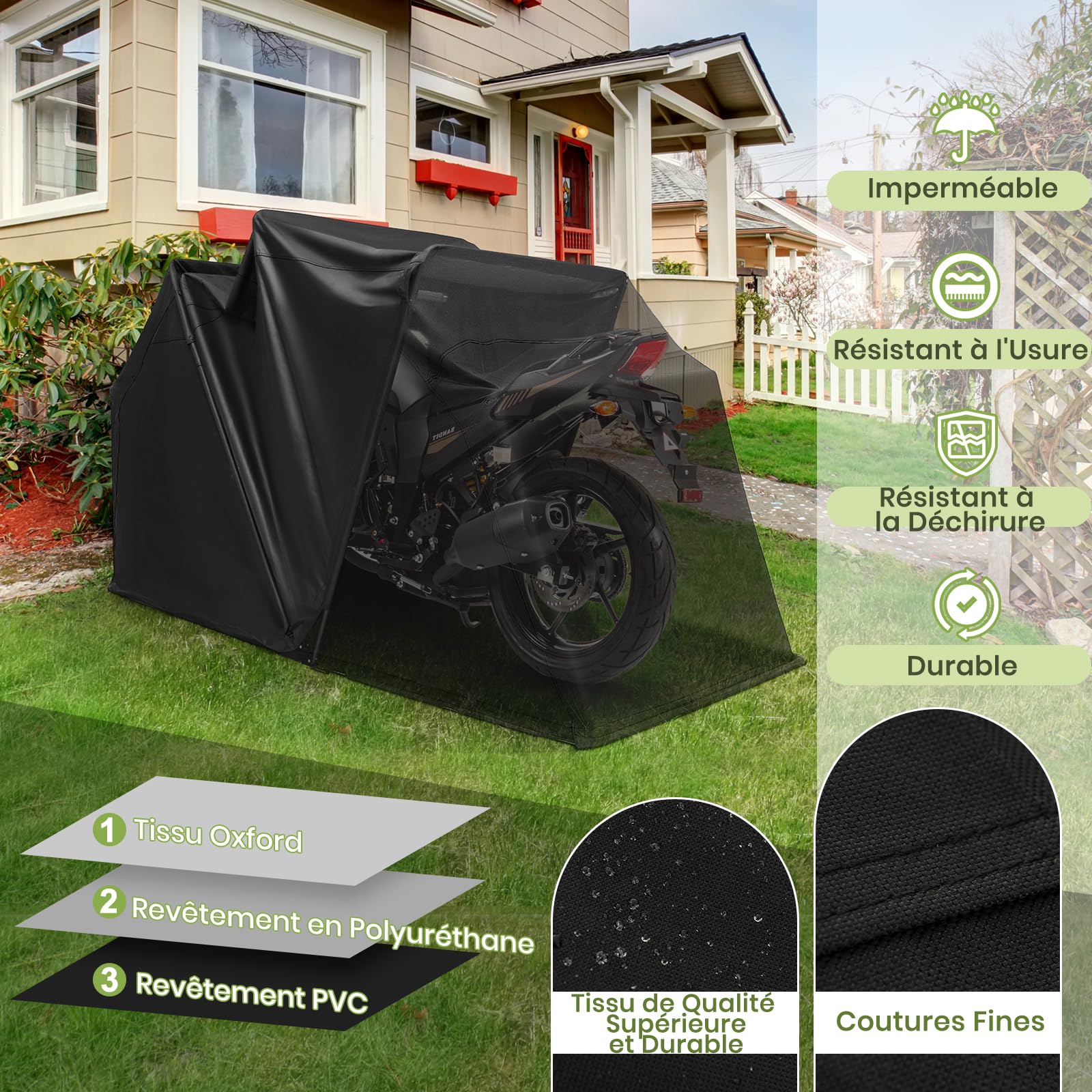 GOPLUS Abri Moto Extérieur 342 x 137 x 193 cm, Housse de Moto Etanche Housse Oxford, Fenêtre de Ventilation, Vis d'Expansion, Abri Voiture