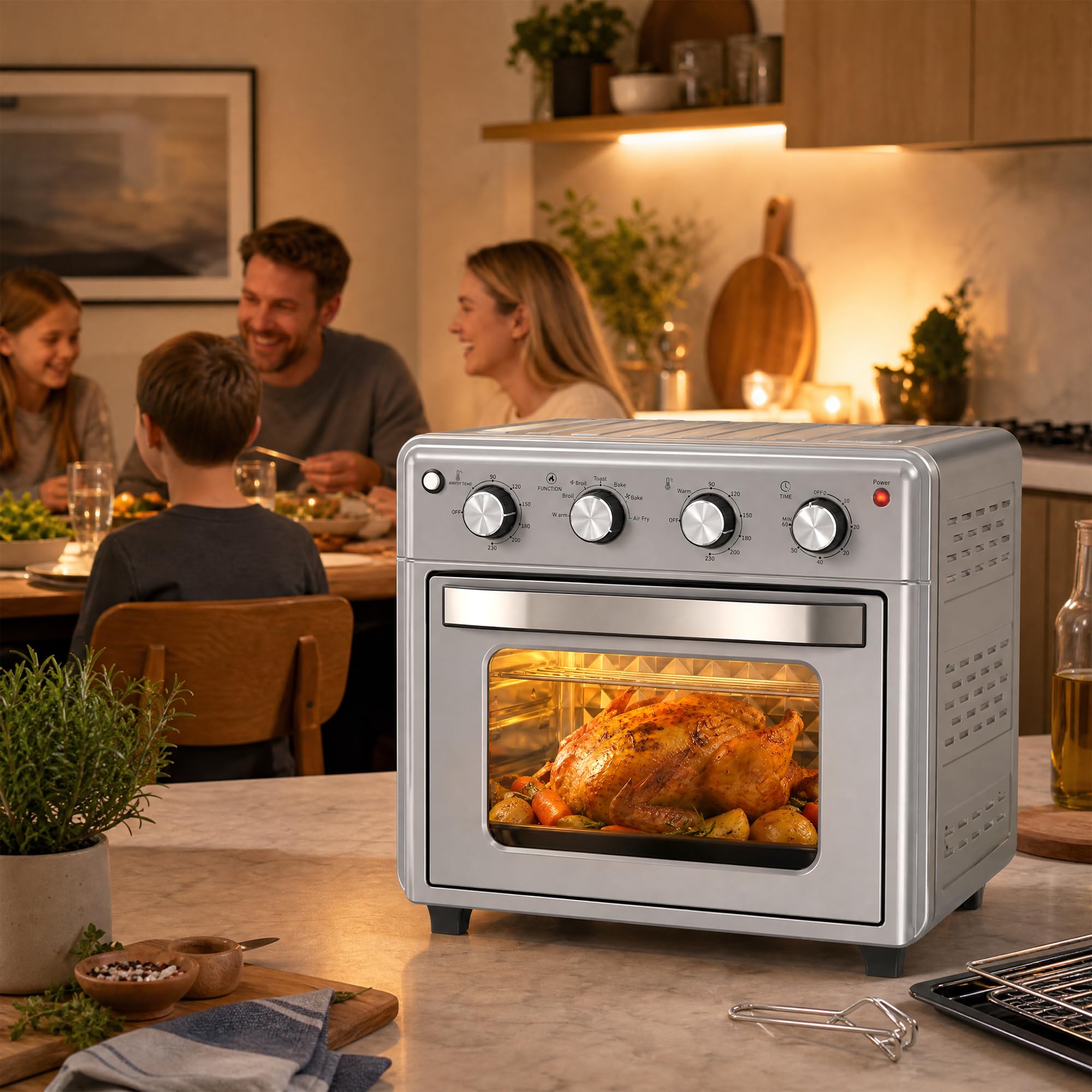 HOMCOM Horno Eléctrico Multifunción de Sobremesa 43x39x39 cm Plata | Mini Horno Tostador, 30L, 1600W, Freidora de Aire, 7 Modos de Calor, Temporizador y Temperatura Regulable