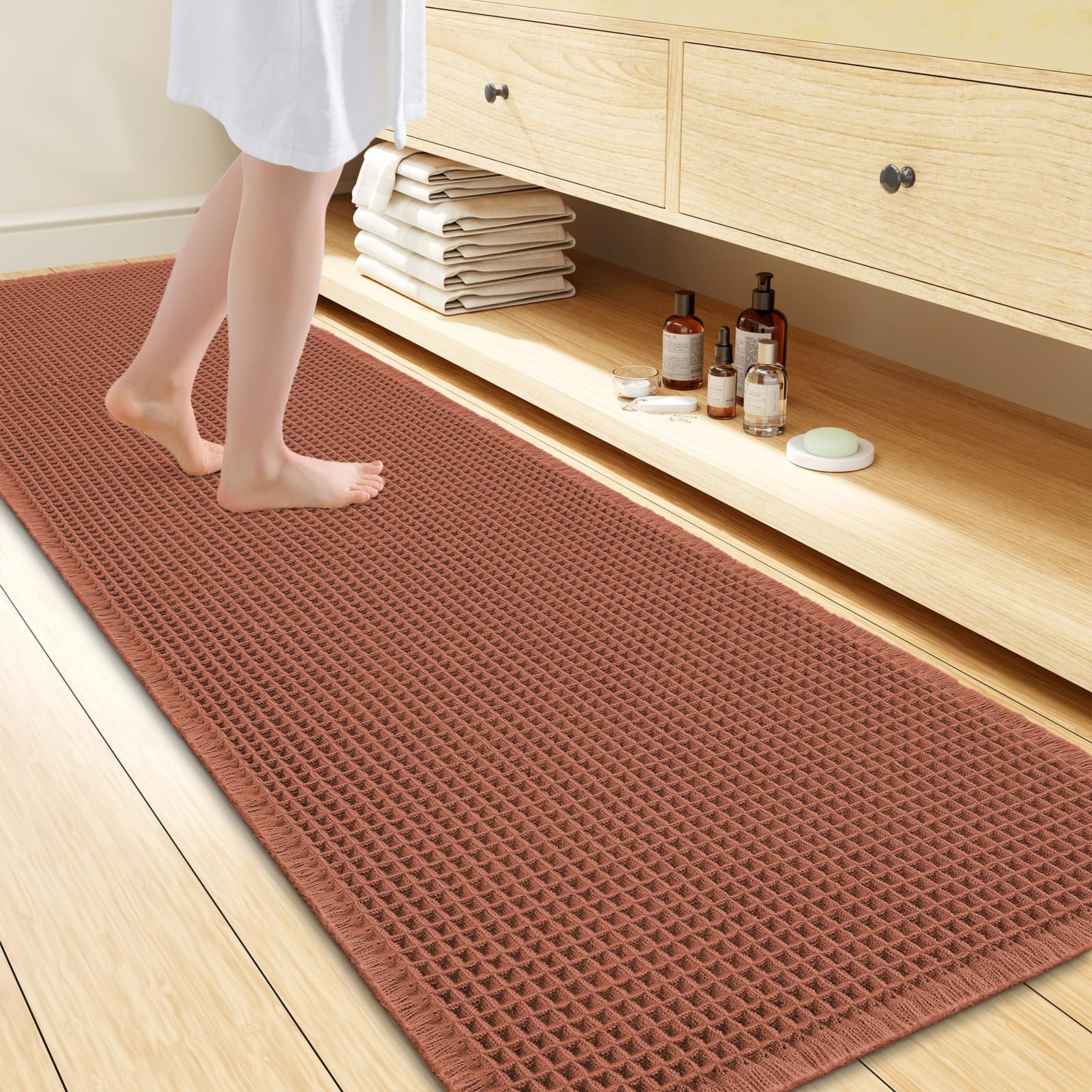 Smiry Waffle Bath Mat 72X24, Extra Soft Absorbent Bathroom Rugs, Orange