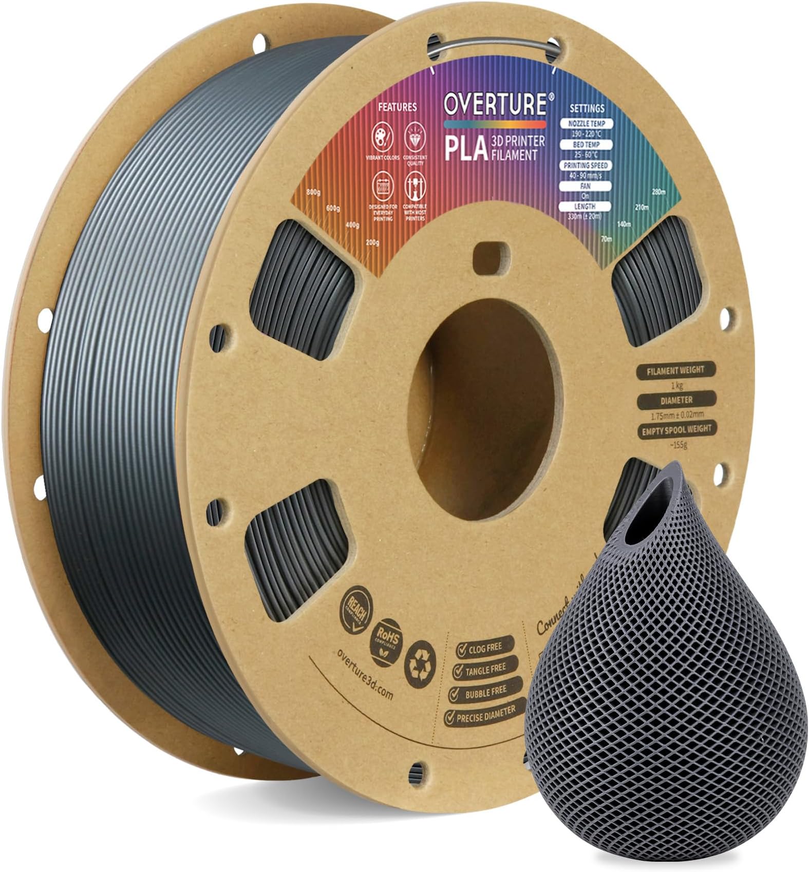 OVERTURE PLA Filament 1.75mm PLA 3D Printer Filament, 1kg Cardboard Spool (2.2lbs), Dimensional Accuracy +/- 0.03mm, Fit Most FDM Printer (Space Gray)