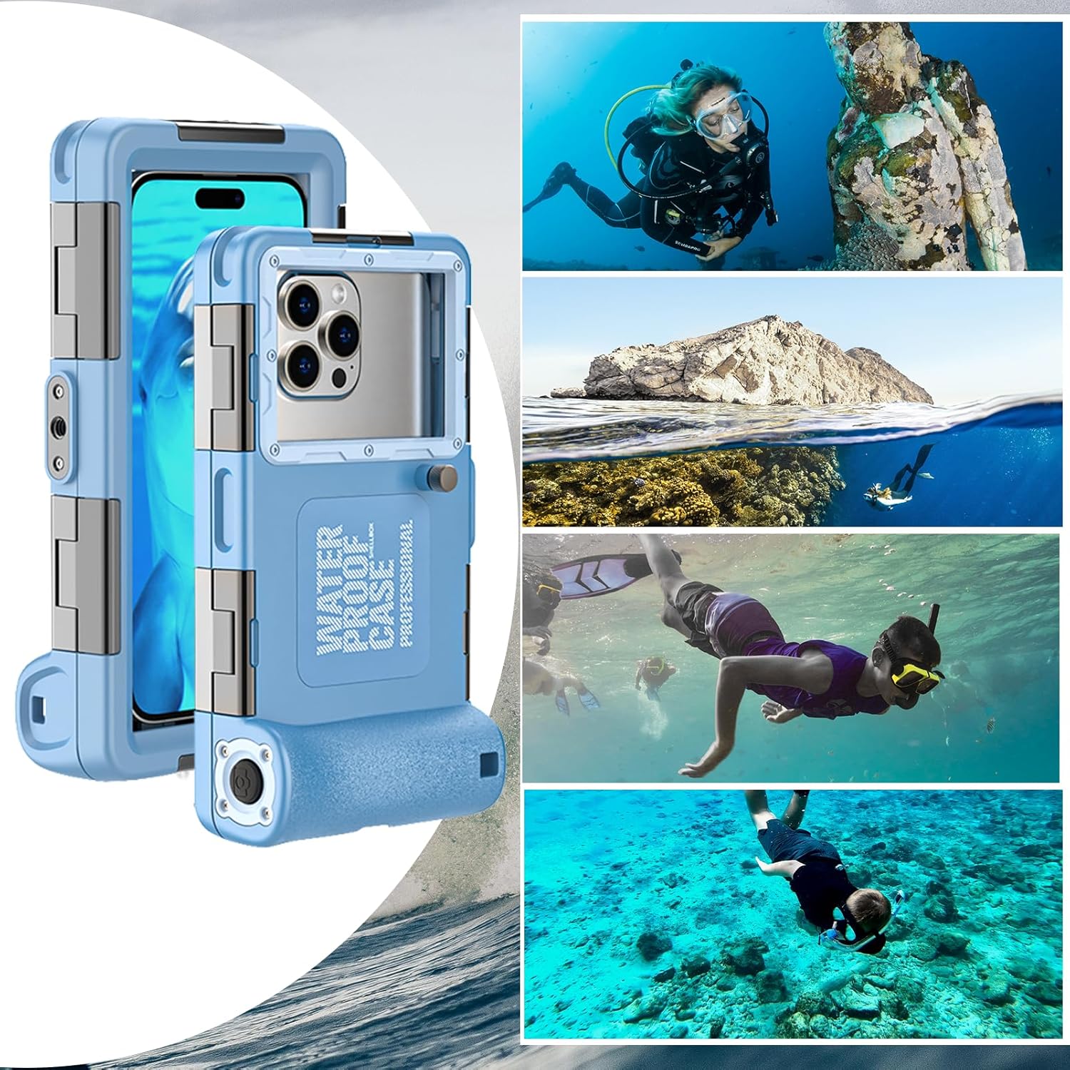 Underwater Snorkeling Diving Phone Case, Waterproof Phone Case for iPhone 16/15/14/13/12/11Pro Max/XR/XS for Samsung Galaxy S24/S23/S22/S21,Universal Scuba Underwater Photo Video Housing(Blue)