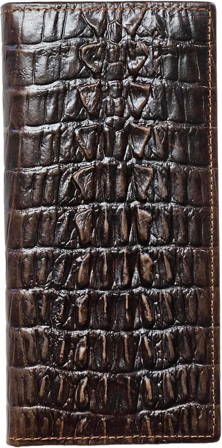 Men's Retro Genuine Leather Wallet Bifold Long Embossed Clutch Zipped Coin Purse RFID Blocking Dragon Coffee (Crocodile Tail)