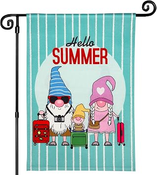 Lovinland Hello Summer Garden Flag with Green and White Stripes 12x18 Double Sided Gnomes on Vacation Summer Vibes Yard Flag for Summer Garden Outdoor Yard Decorations