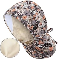 Vista 7 de Gorra médica con forro de satén con bolsillo para cola de caballo, gorro de enfermera médica de algodón con banda elástica para el sudor