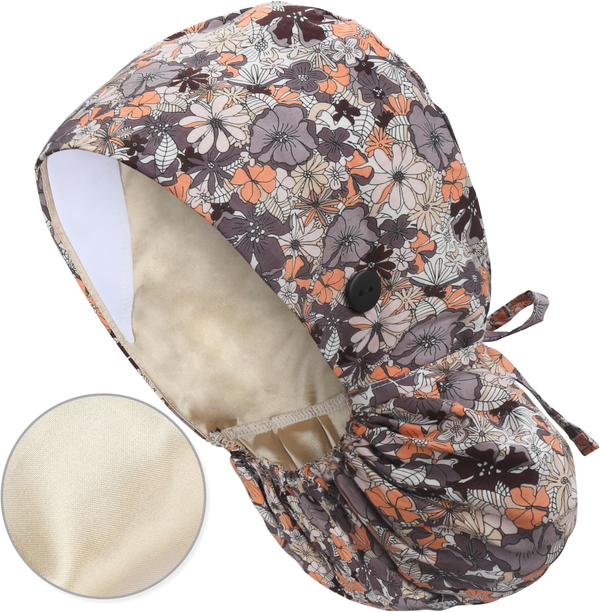 Satin-Lined Scrub Cap with with Ponytail Pocket, Cotton Scrub Medical Nurse Hat with Sweatband Elastic Tie