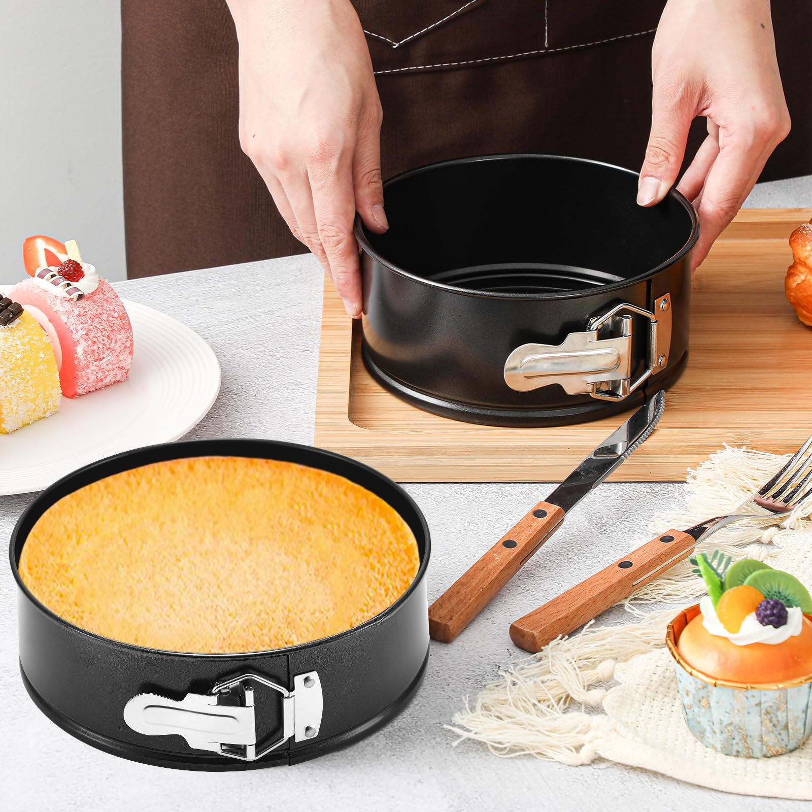 Funnymoom 4 moldes antiadherentes de 8 pulgadas con parte inferior extraíble de acero al carbono para tartas de queso, molde redondo con hebillas de resorte de acero inoxidable para hornear cocinas