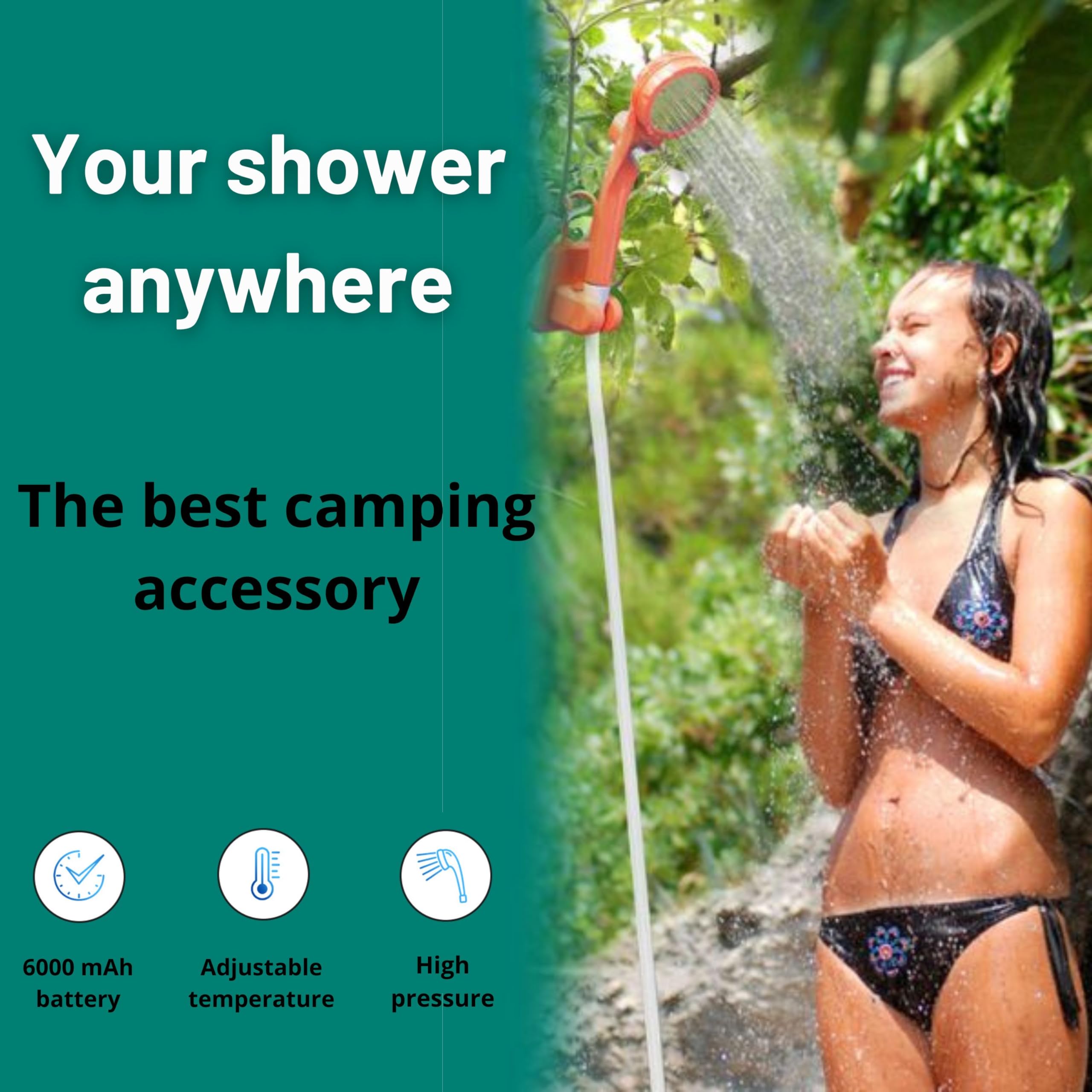 FUTURA8 Portable Camping Shower 6000mAh Rechargeable - Outdoor Camp Shower Pump with Intelligent Digital Display, for Hiking, Travel, Pet Bath, Car Washing - Filtered Shower Head, Multiple Spray Modes