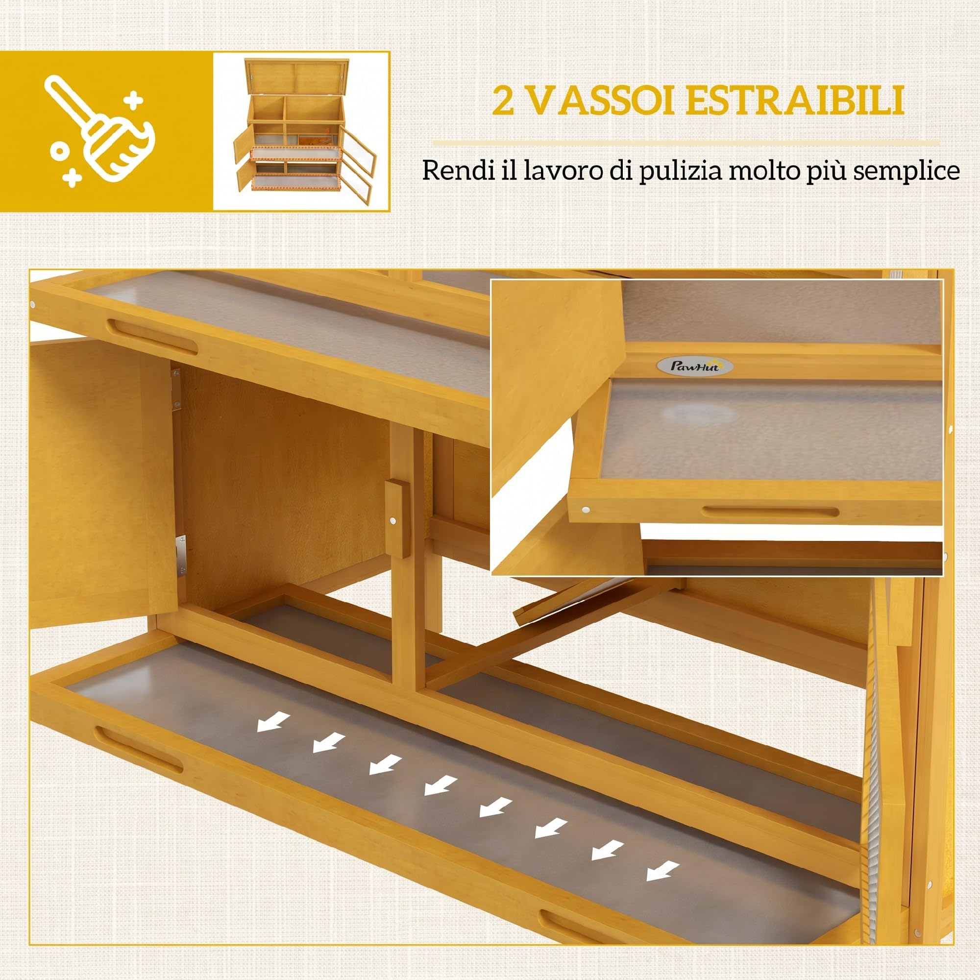 PawHut Conigliera da Esterno a 2 Livelli con 4 Porte, 97x44x91 cm, Giallo | Rampa Antiscivolo, Serratura, 2 Vassoi Estraibili, Conigliera in Abete, Tetto in Bitume, Gabbia per Conigli