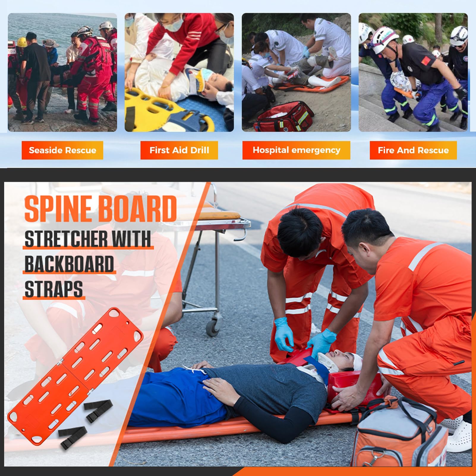 CivièRe Dorsale Pliable, Planche De Sauvetage Avec Sangles De SéCurité, CivièRe D'Ambulance Flottante Pour Le Transfert Des Patients D'Urgence Et Le Sauvetage Aquatique,4Folds
