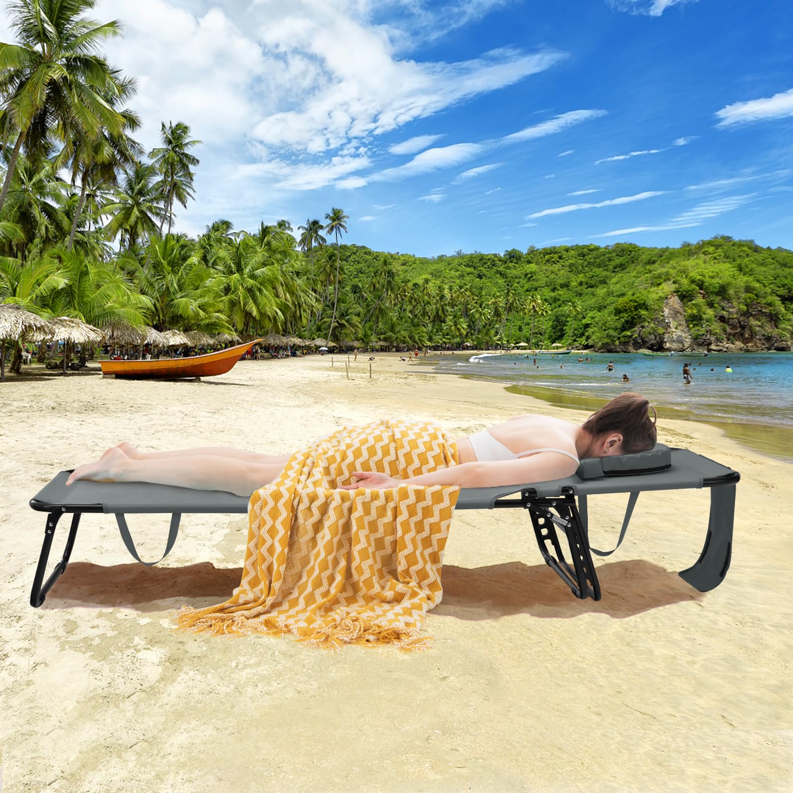 GIANTEX Chaise Longue Pliante pour Bronzage, Charge 160 kg, Dossier Réglable à 5 Positions, Repose-Pieds à 2 Positions, Bain de Soleil, Trou pour Visage, Transat Jardin pour Piscine, Plage, Gris