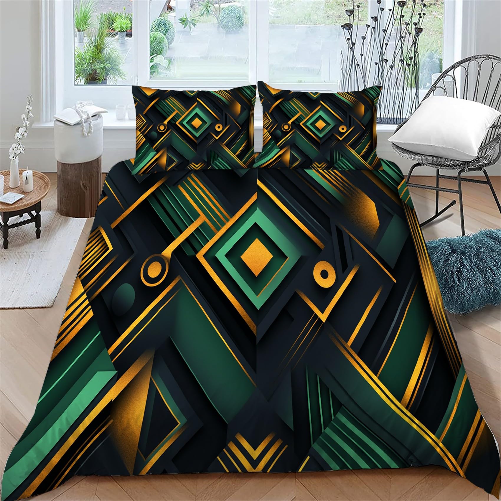 Housse de couette 140x200 adulte fille garçon vert motif linge de lit avec taie 65x65