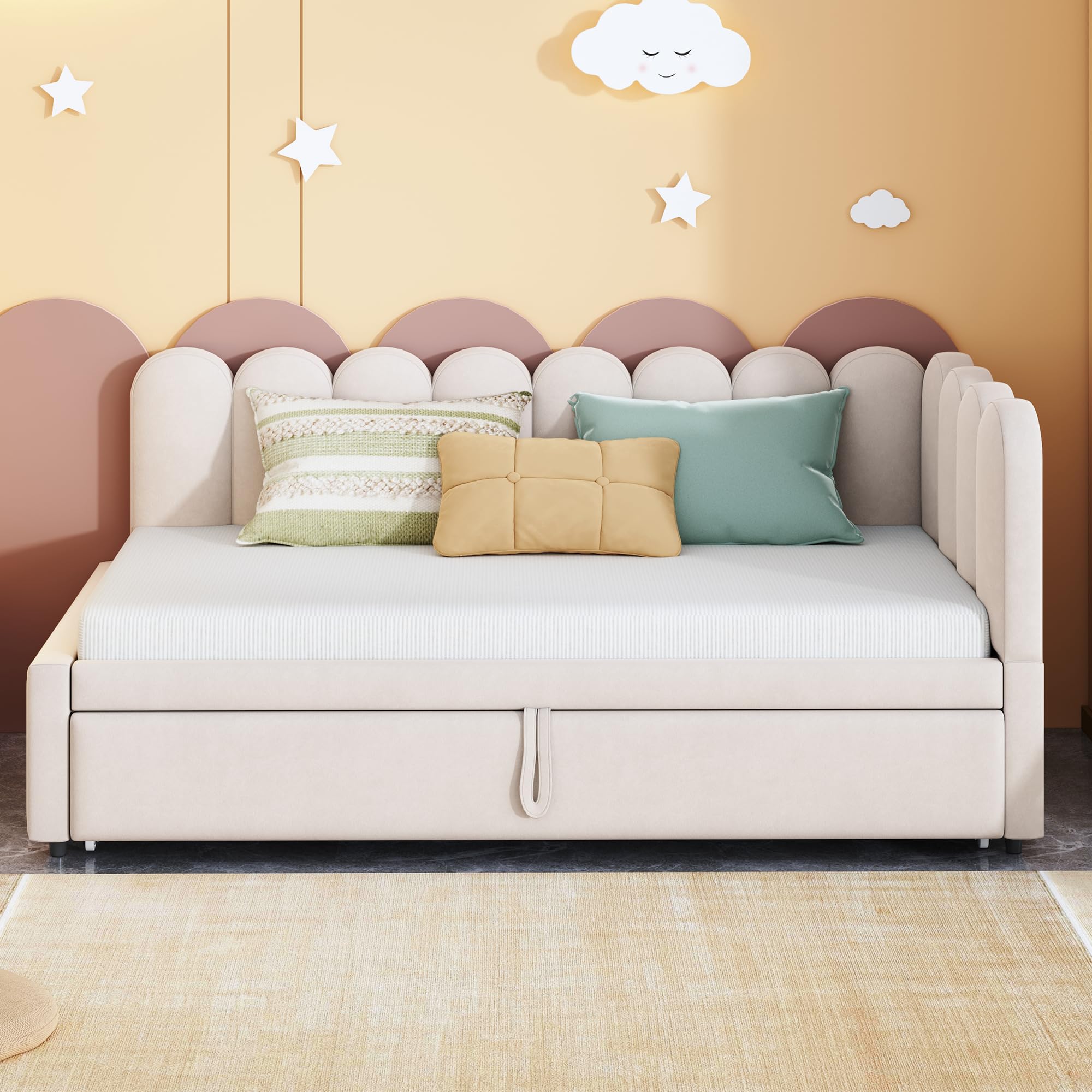 Sofá cama multifunción 2 en 1 en forma de L (90/180 x 200 cm), cama tapizada de terciopelo, diseño que ahorra espacio, se puede utilizar como cuna o cama de invitados, beige (sin colchón)