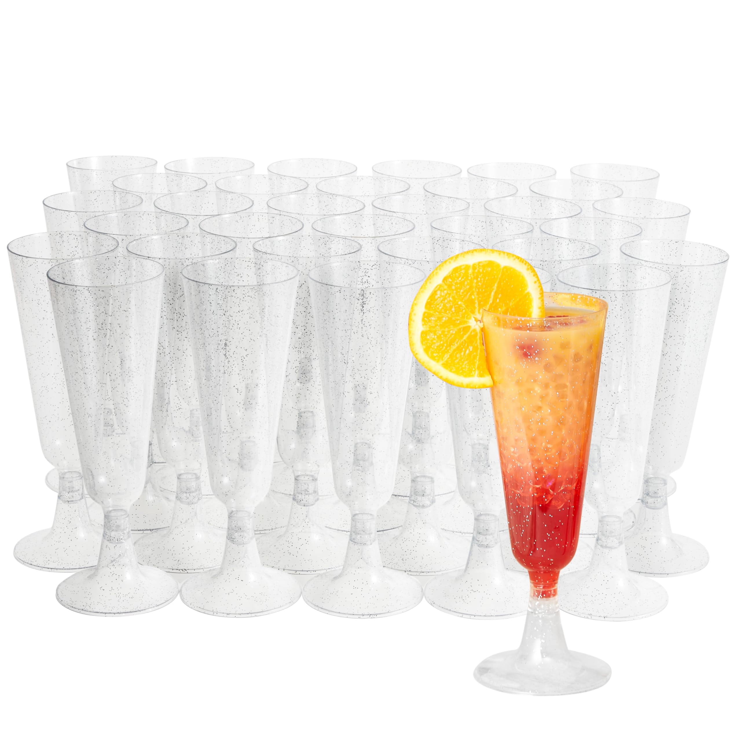 MATANA 24 Premium Plastic Champagne Flutes with Silver Glitter, 150ml, Reusable Toasting Glasses