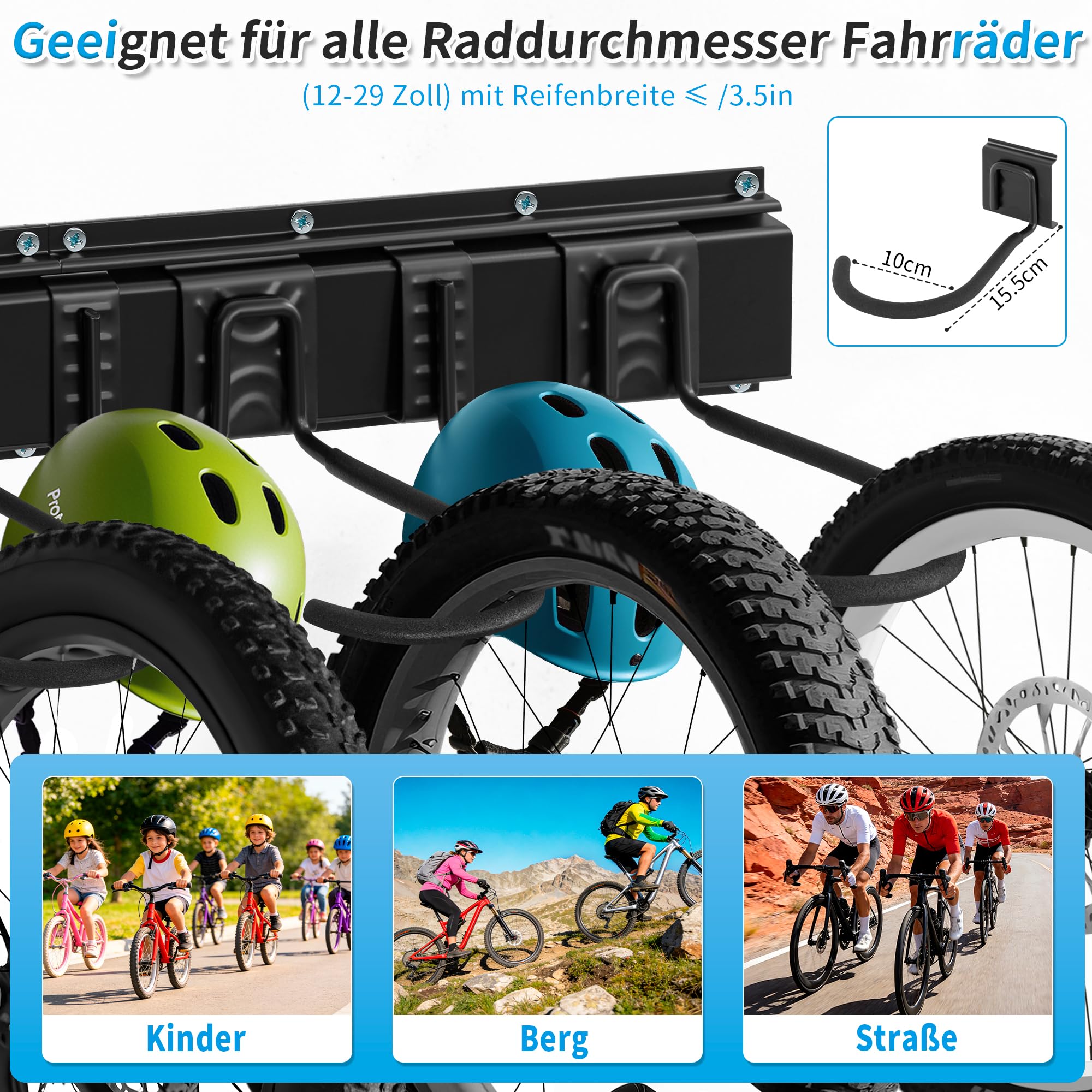 Fahrrad Wandhalterung, für 6 Fahrräder und 3 Helme Fahrrad Haken,Schwarz | Wand Fahrradhalter für Garage und Zuhause,Fahrradständer Wandmontage mit Werkzeugaufbewahrungshaken,Geeignet für Kleine Räume