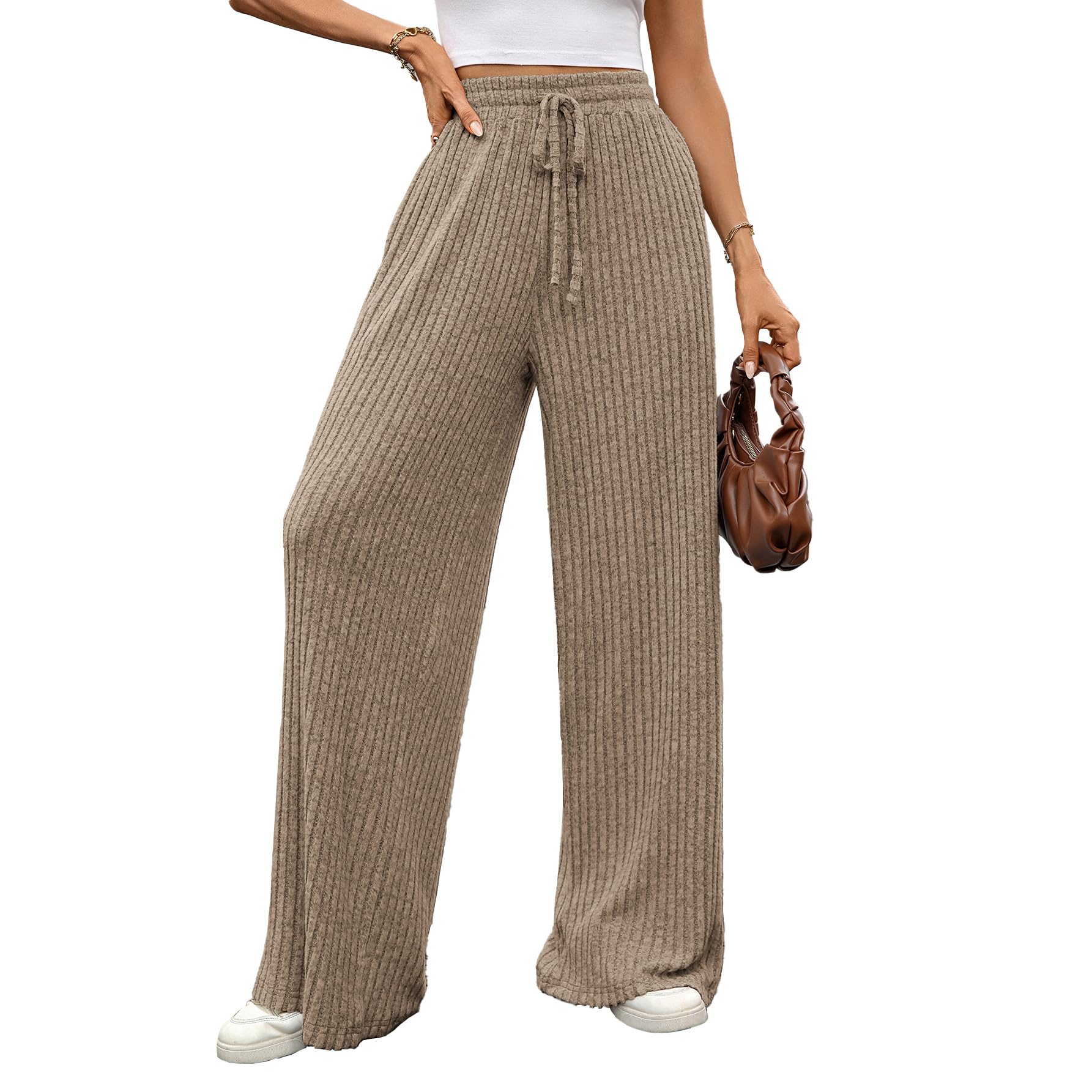 Khaki Pants for Women High Waisted Baggy Wide Leg Pants Ribbed Knit Palazzo Pants Drawstring Elastic Waist