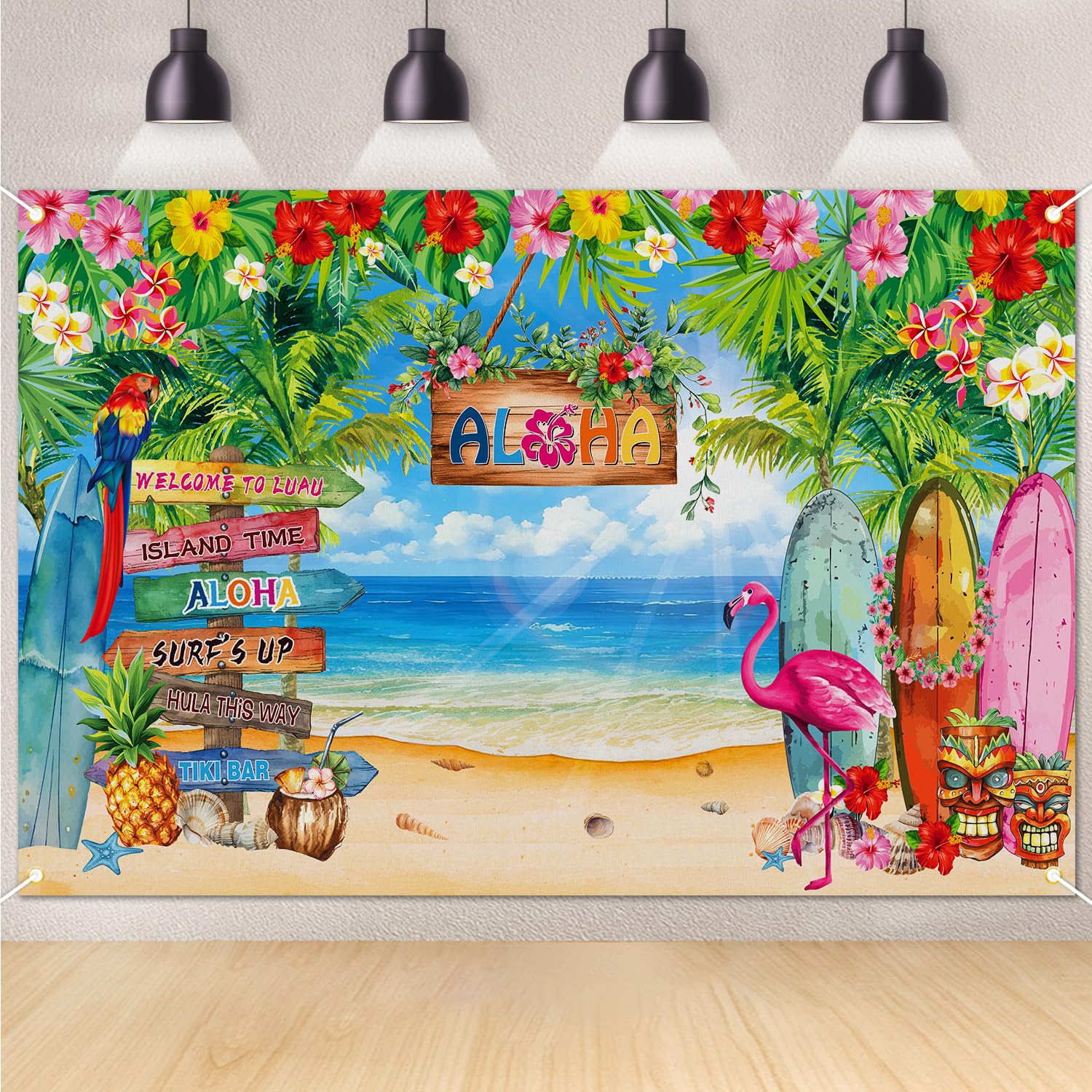 1,8x1,2m Tło na letnią imprezę hawajską, dekoracje na przyjęcie Luau, tropikalne kwiaty, liście palmowe, flamingi, tło Aloha na banner na przyjęcie Aloha, fotografia na plaży, dekoracje na urodziny