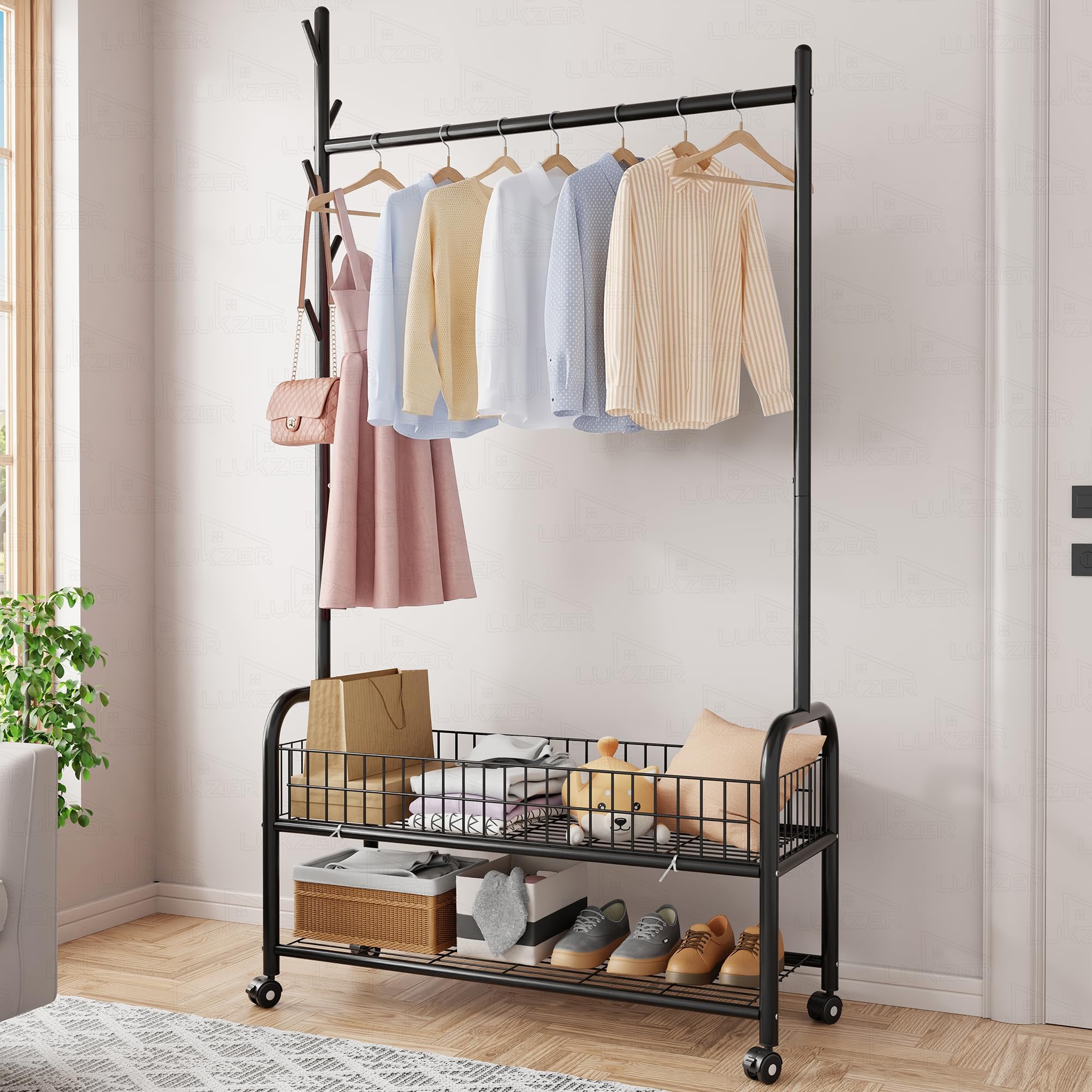 Lukzer | MGR-002 | Black | Metal Garment Rack with Wheels, 2 Bottom Mesh Shelves & Single Rod – Space-Saving Cloth Stand & Coat Organizer for Bedroom, Entryway, Office & More | 173 x 90 x 34 cm