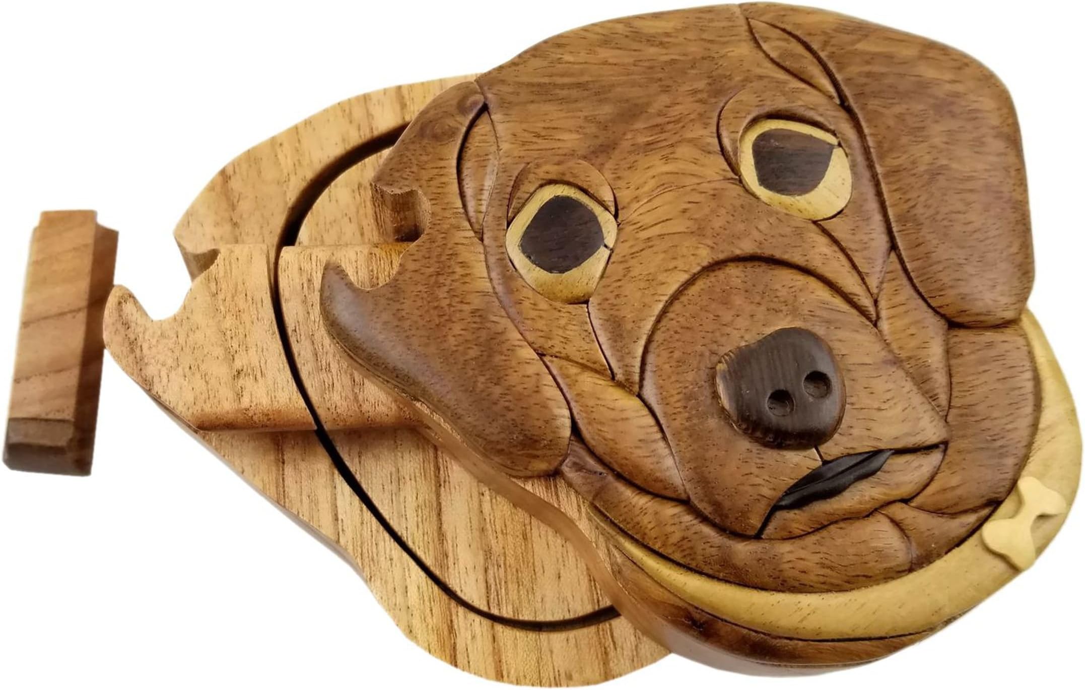 Dog All Natural Exotic Woods Puzzle Box, 4.25 x 4 x 2 with Sliding Wooden Key Lock, Sliding Cover and Inner Lid to Hidden Compartment. Hand-made Wood Onlay Design on Lid.