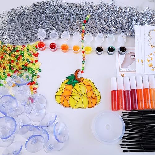 Miniatura 2 de Winlyn 27 juegos de atrapasoles de calabaza, pintura de ventana de bricolaje, atrapasoles de otoño, calabaza, kits de manualidades de calabaza de