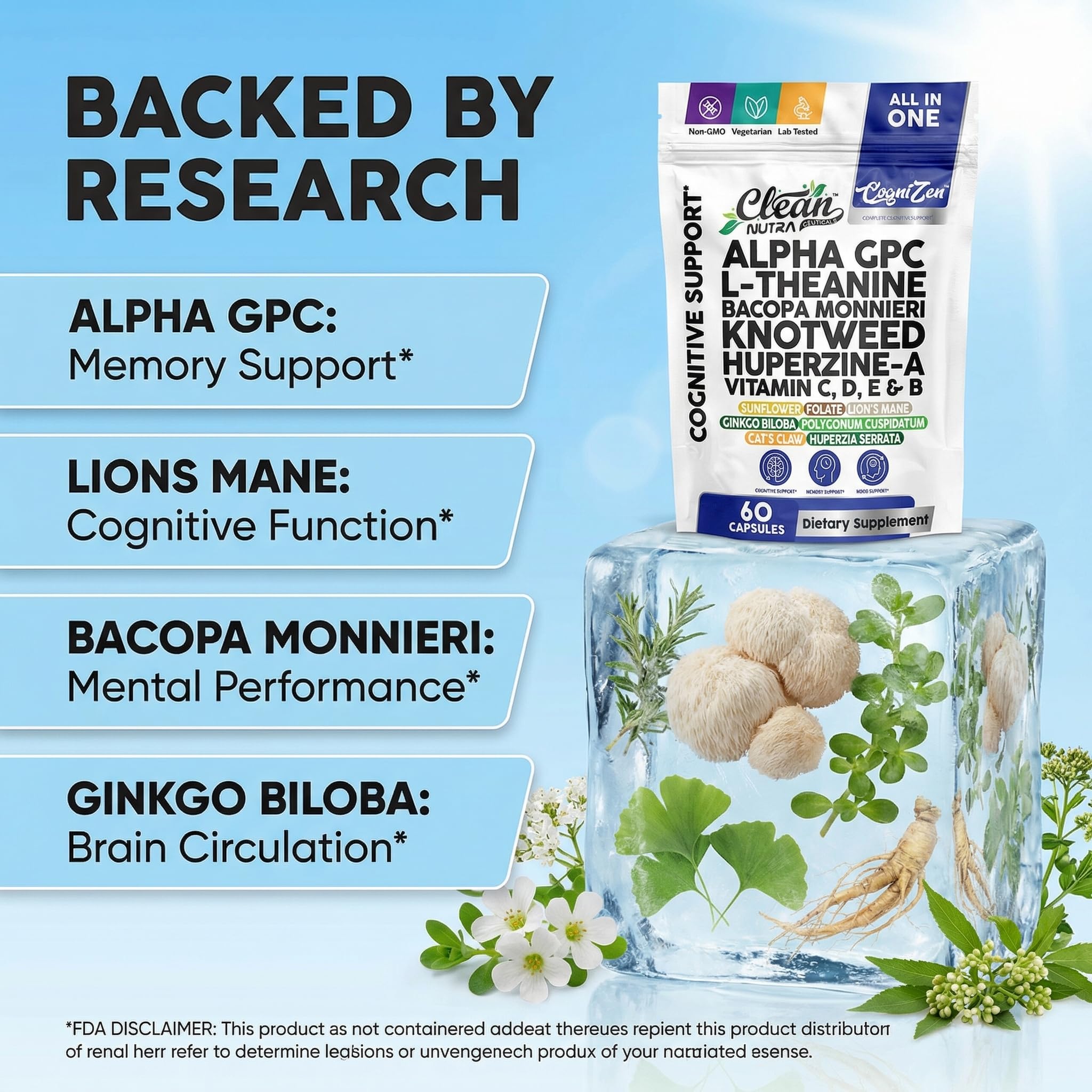 Alpha GPC 600mg Supplement | L Theanine Nootropic Brain Supplement with Bacopa Monnieri Lions Mane Resveratrol Ginkgo Biloba Huperzine A – Focus Memory Cognitive Support – 60 Vegetarian Capsules — Amazon image 3