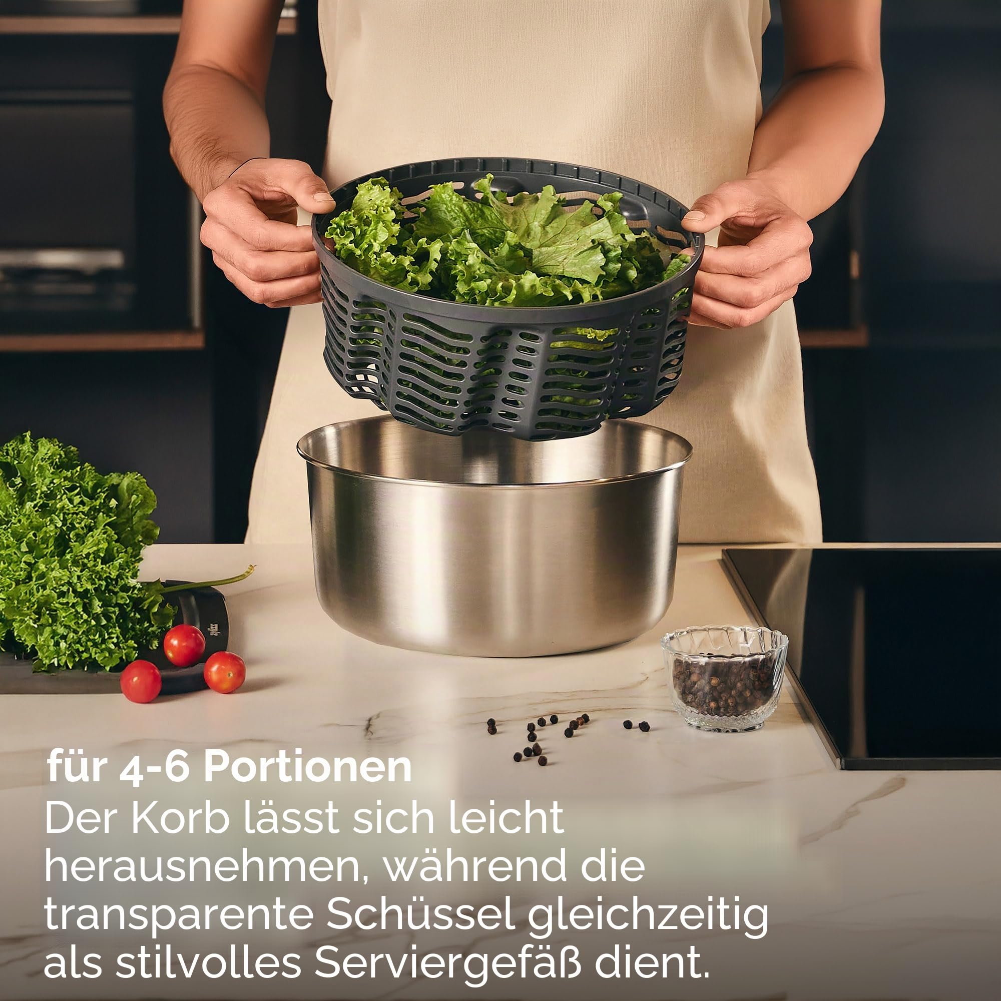 Zyliss Easy Spin Salatschleuder Edelstahl Groß, 6L, Mit Seilzug, Salatschüssel mit Deckel, BPA-frei, Rutschfester Boden, AquaVent™-Technologie, Stopptaste, Spülmaschinengeeignet