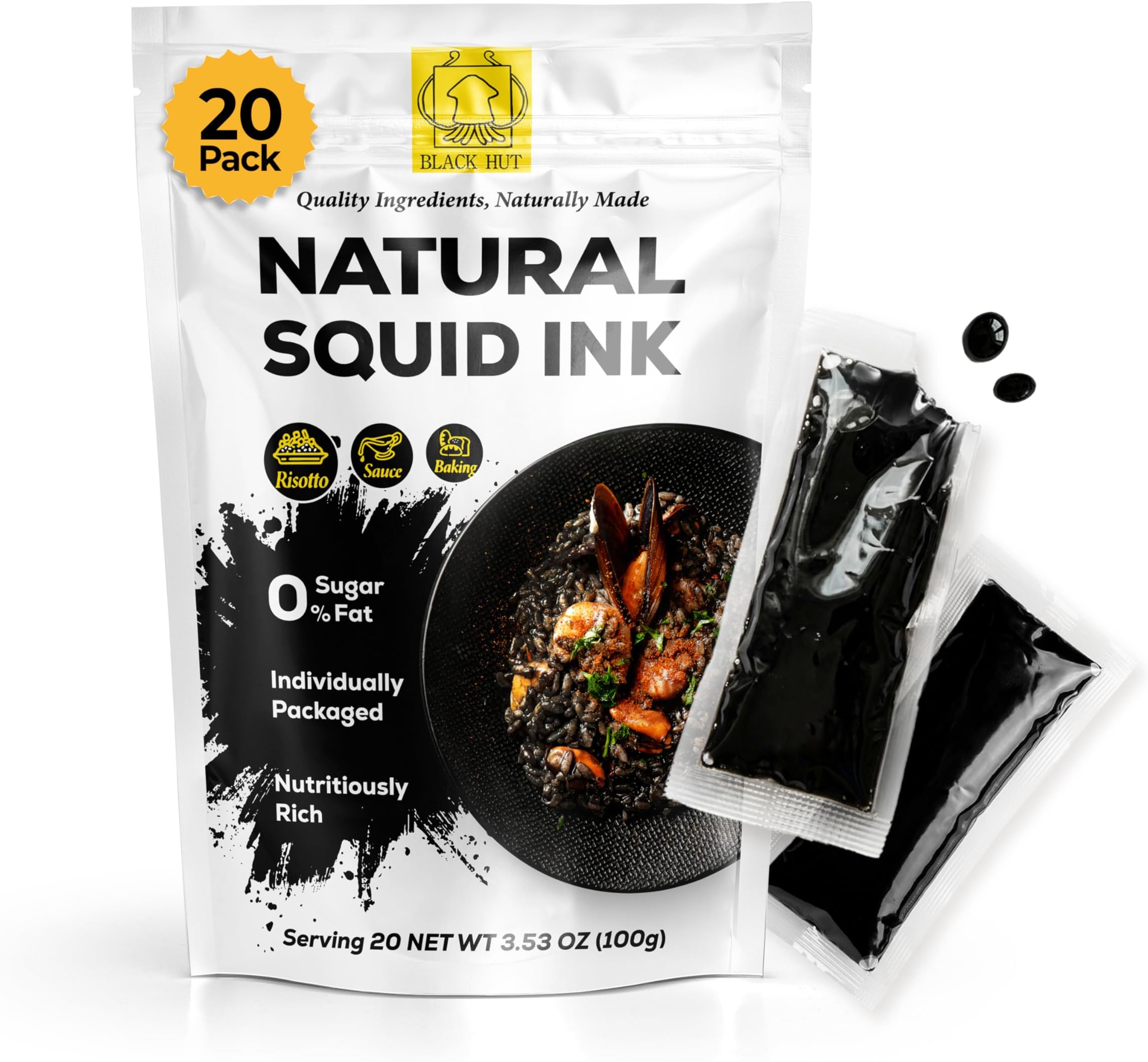 BLACK HUT (5g x 20 Pack) Squid Ink, Food Coloring Tinta Calamari for Rice Noodles Pasta Spaghetti Risotto, Cuttlefish Ink for Baking mix, Halal Certificate, Contains Molluscs, 3.53 oz / 100 g
