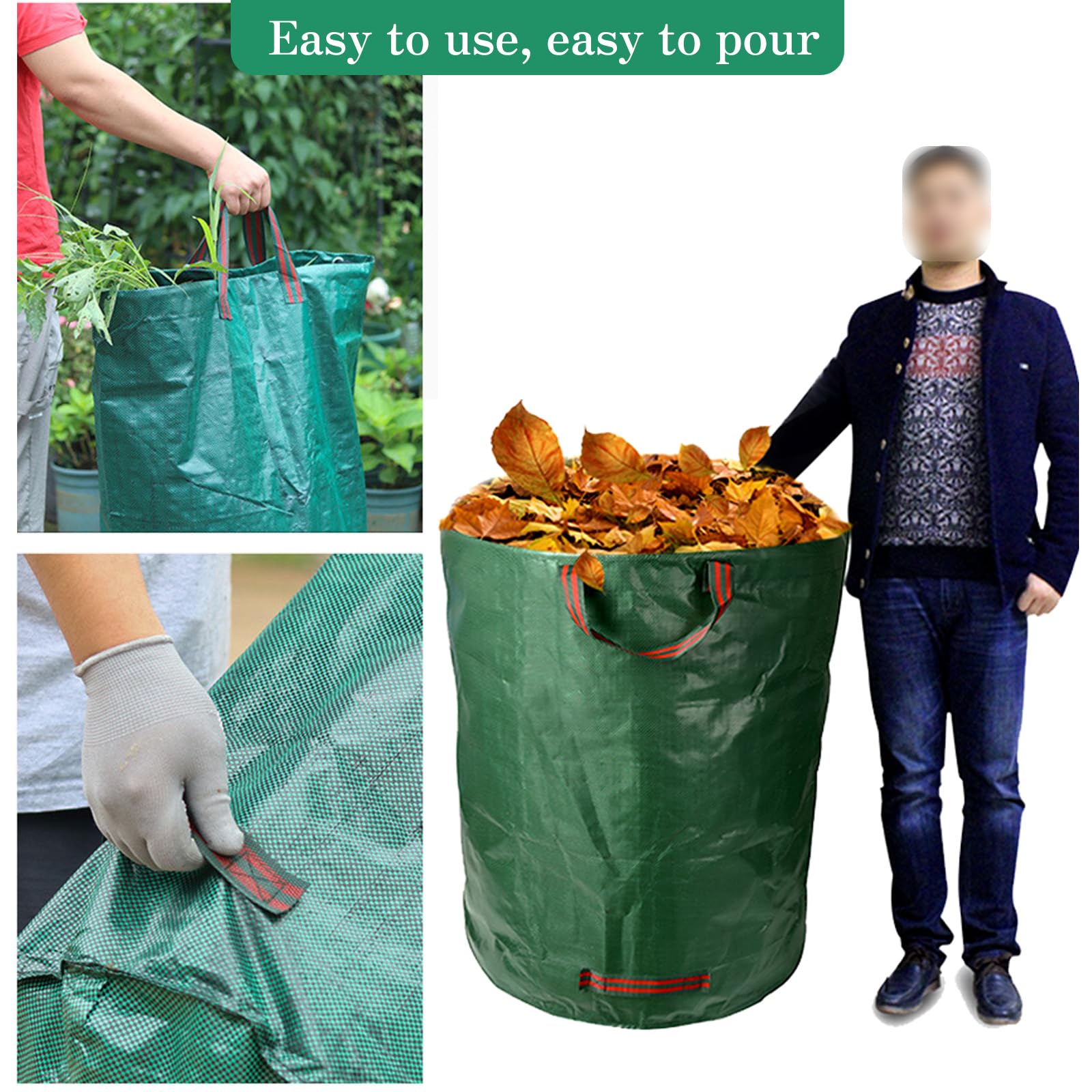 Bolsas de basura de jardín resistentes, bolsas reutilizables con asas, bolsas plegables para recoger hojas y desechos, capacidad de 100 L, juego de 3